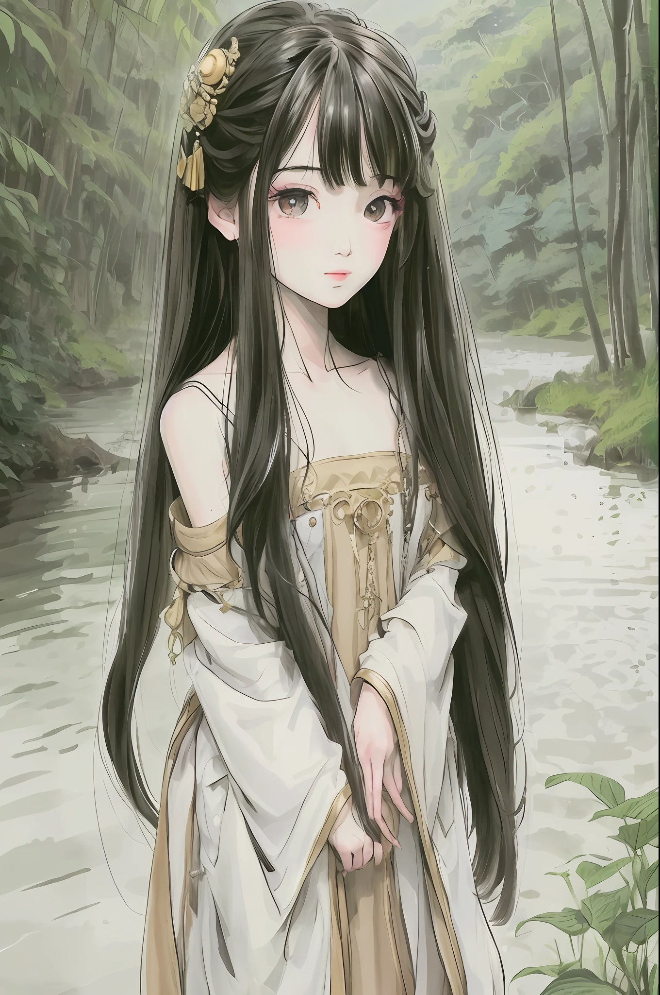 masterpiece, best quality, official art, 8k wallpaper, very detailed, illustration, 1 girl, dark hair, long hair, detailed eyes, bamboo forest, bare shoulders, lake, pure, soft smile,