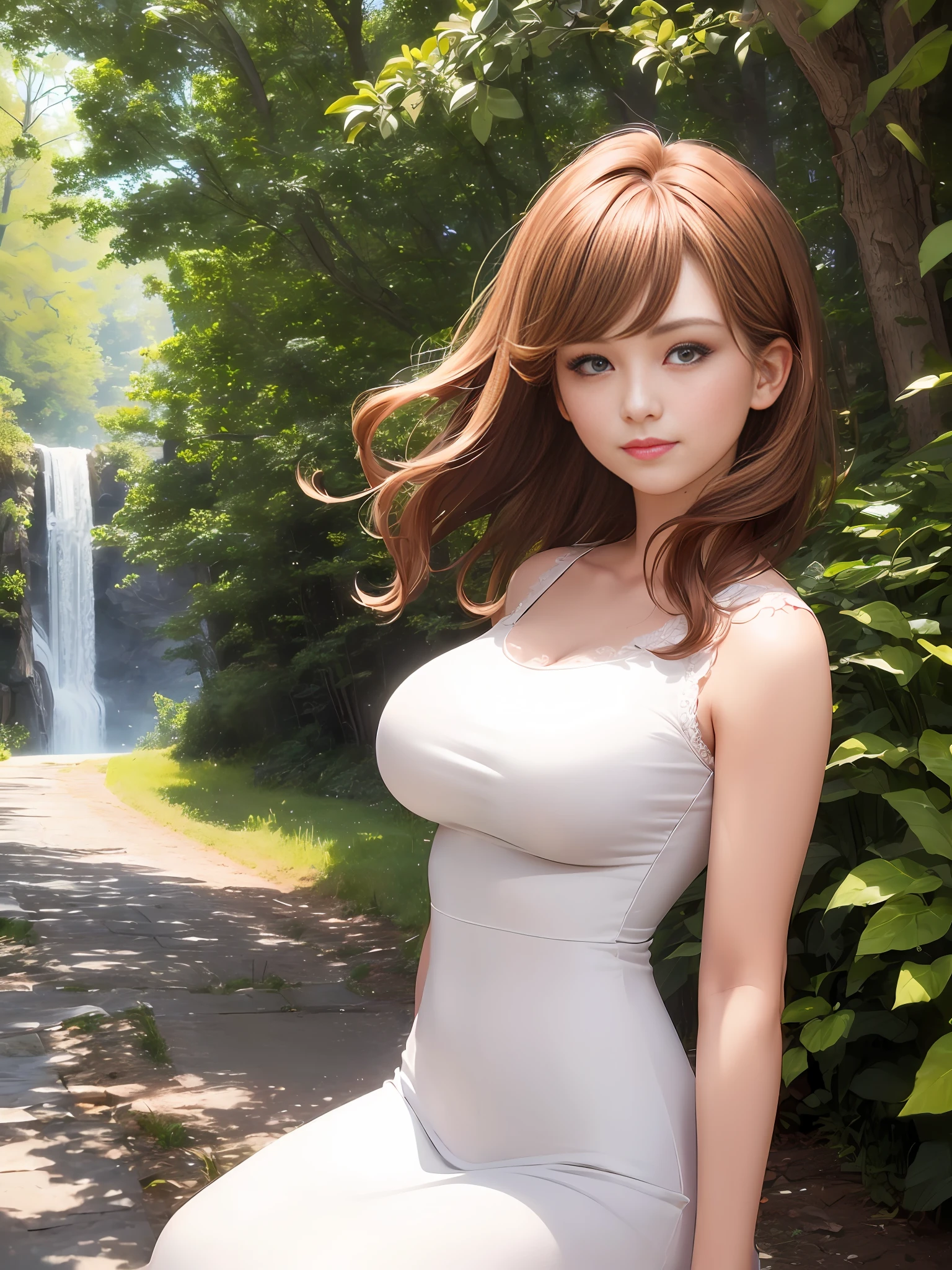 (((Big breasts: 1.4))), (Beauty, head is small)), smile, sunlight, sunlight, (chiseled abs: 1.1), (Perfect body: 1.1), (Short wavy hair: 1.2), reddish brown hair, full body shot, (((white dress)), hotel, (very detailed CG 8k wallpaper), (very delicate and beautiful), (masterpiece), (best quality: 1.0), (super high definition: 1.0), Beautiful lighting, perfect lightning, realistic shadows, [High Resolution], detailed skin, super detailed