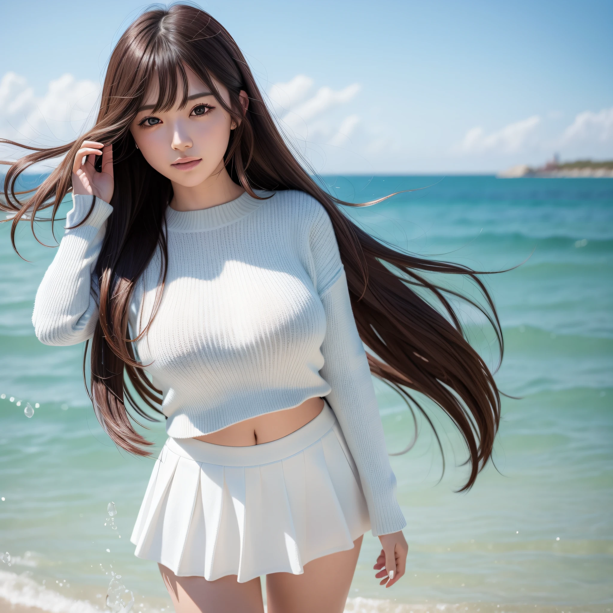 {{{masterpiece}}},best quality,Amazing,finely detail,solo,cinematic lighting,close-up,{{floating hair}},outdoors,detailed background,beautiful detailed eyes,bright pupils,dynamic pose,dynamic angle,looking at viewer,detailed clothes,{best quality}, {highres}, original, extremely detailed 8K wallpaper,(shy), look at camera,{an extremely delicate and beautiful}, 1 girl,exposed breast,thighs open, brown hair, asymmetrical bang, long hair, bang, windy, floating hair, (closed mouth), smile, full body, detailed face, ocean background, (white transparant knit sweater, skirt), belly button, sunshine ,smooth skin, ((both hands behind head)), upper body,
