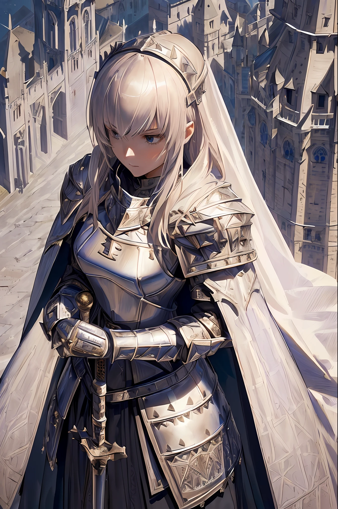 realistic, realistic details, detailed, (((1girl, slender, female knight, detailed armor, intricate details, cape, holding staff, aerial perspective, from above, standing on top of tower overlooking medieval city scape, extremely detailed architecture, perspective, sharp focus, depth of field, detailed background)))