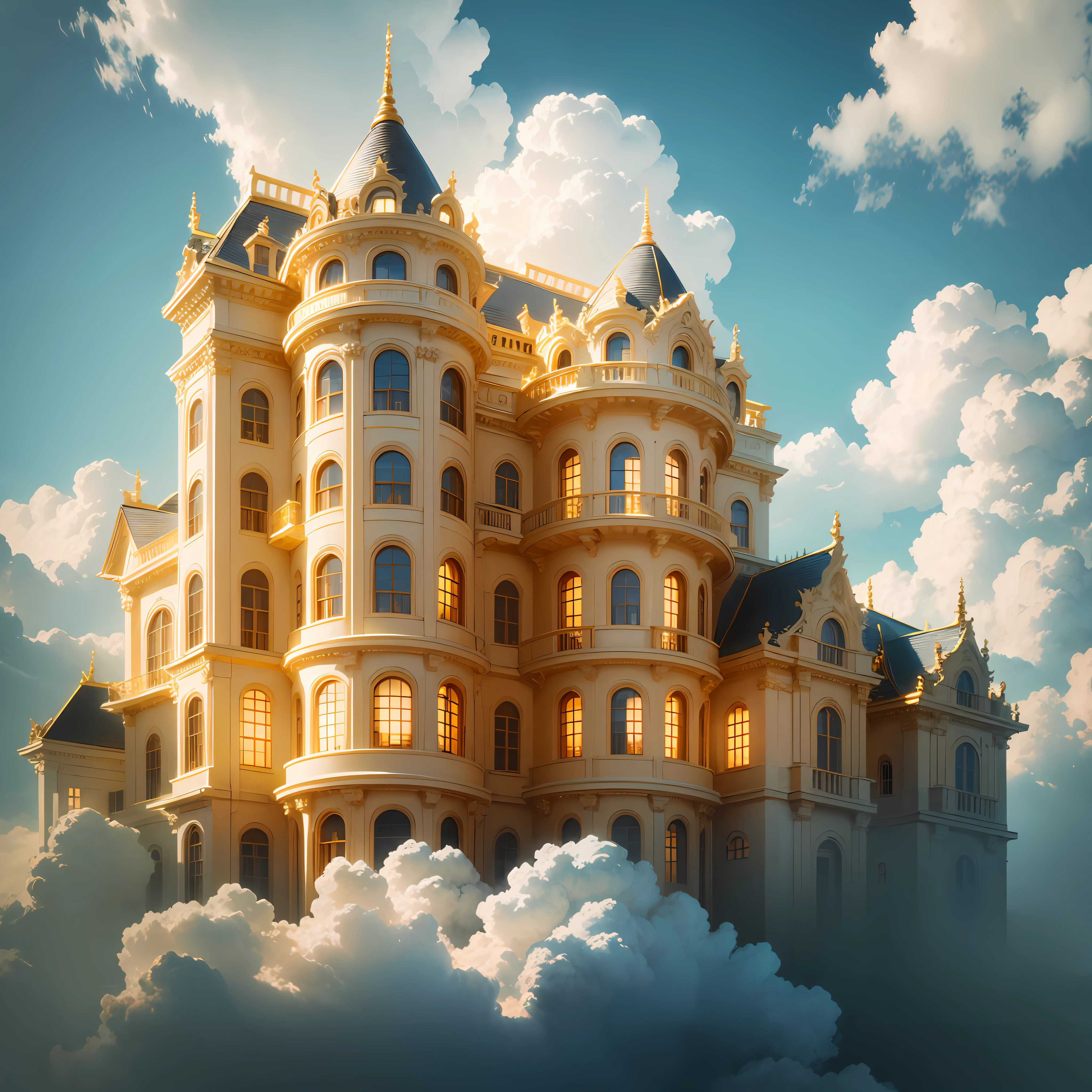 "A golden mansion in the clouds with angels flying around the clouds. Highlight the mansion in realistic details and the angels in fluid and natural movements." --auto --s2