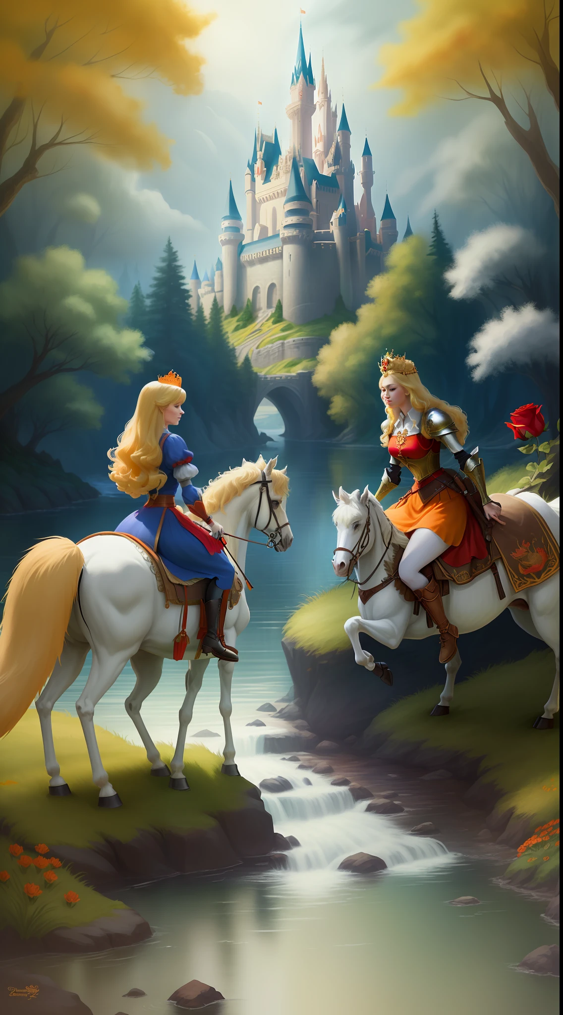 A gorgeous 25-year-old Disney princess, blonde Snow White with a sword and one in armor riding the dragon wearing a crown in the forest with many cute animals near her., Many flowers of various colors. A sunny day. with a river and a fairytale castle in the background. Walt Disney style cartoon style masterpiece, various angles looking at the camera, big orange and red roses, 3, cute animals, snow white on top of the dragon