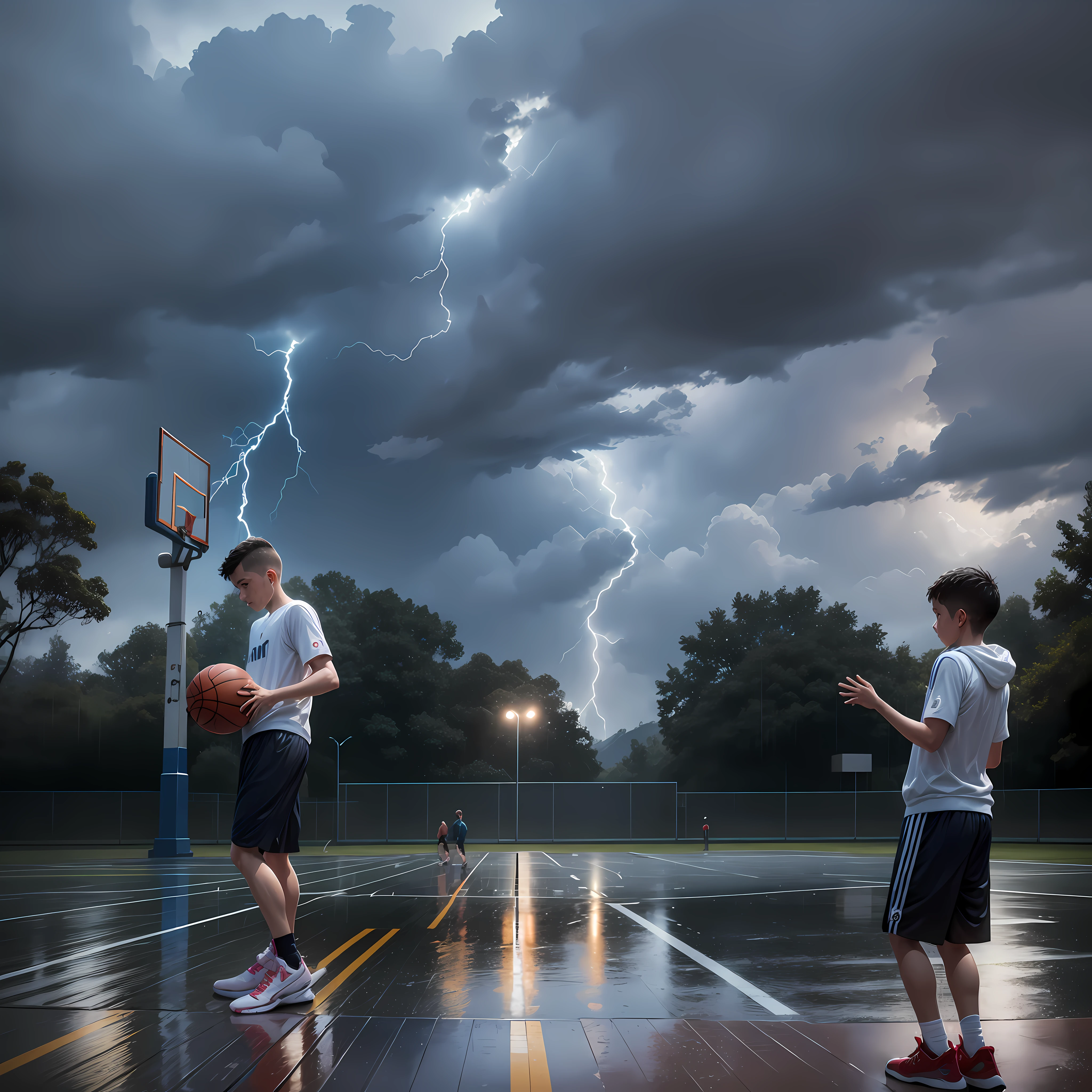 4K, ultra-clear picture, on the basketball court in a rainstorm, a wet two boys playing basketball. The boy was wearing sportswear, sneakers and many water droplets around him. Raindrops hit the ground of the basketball court, making a brisk raining sound, and the occasional lightning and thunder made the whole scene appear gray and dim. Suddenly, the sun fell and the sky cleared after the rain. --auto --s2