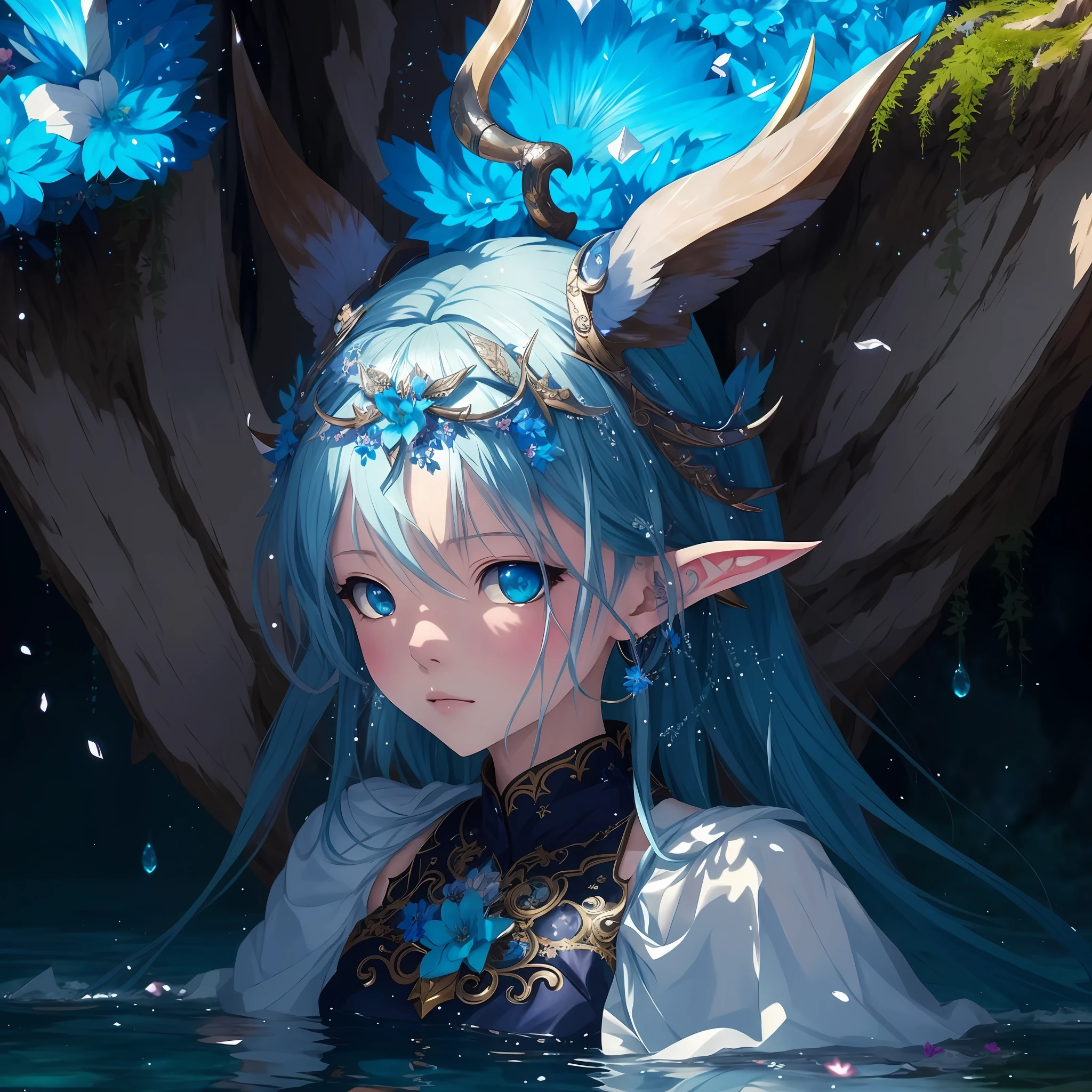 anime girl with blue hair and horns in water with blue flowers, guweiz on artstation pixiv, guweiz on pixiv artstation, blue elf, detailed digital anime art, trending on artstation pixiv, fantasy art style, wallpaper anime blue water, artwork in the style of guweiz, anime fantasy illustration, beautiful fantasy anime, elf girl