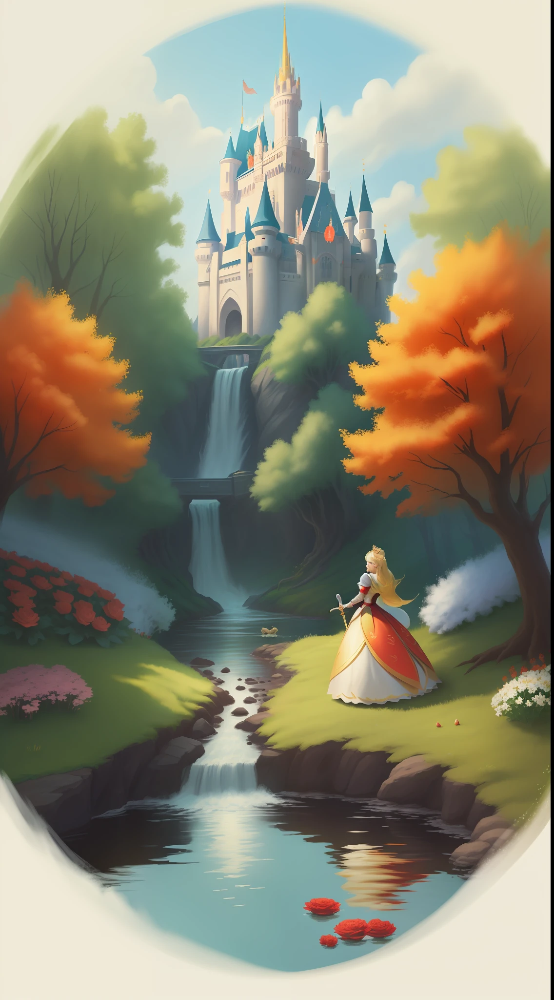 A gorgeous 25-year-old Disney princess, blonde Snow White with a sword and one in armor riding the dragon wearing a crown in the forest with many cute animals near her., Many flowers of various colors. A sunny day. with a river and a fairytale castle in the background. Walt Disney style cartoon style masterpiece, various angles looking at the camera, big orange and red roses, 3, cute animals, snow white on top of the dragon