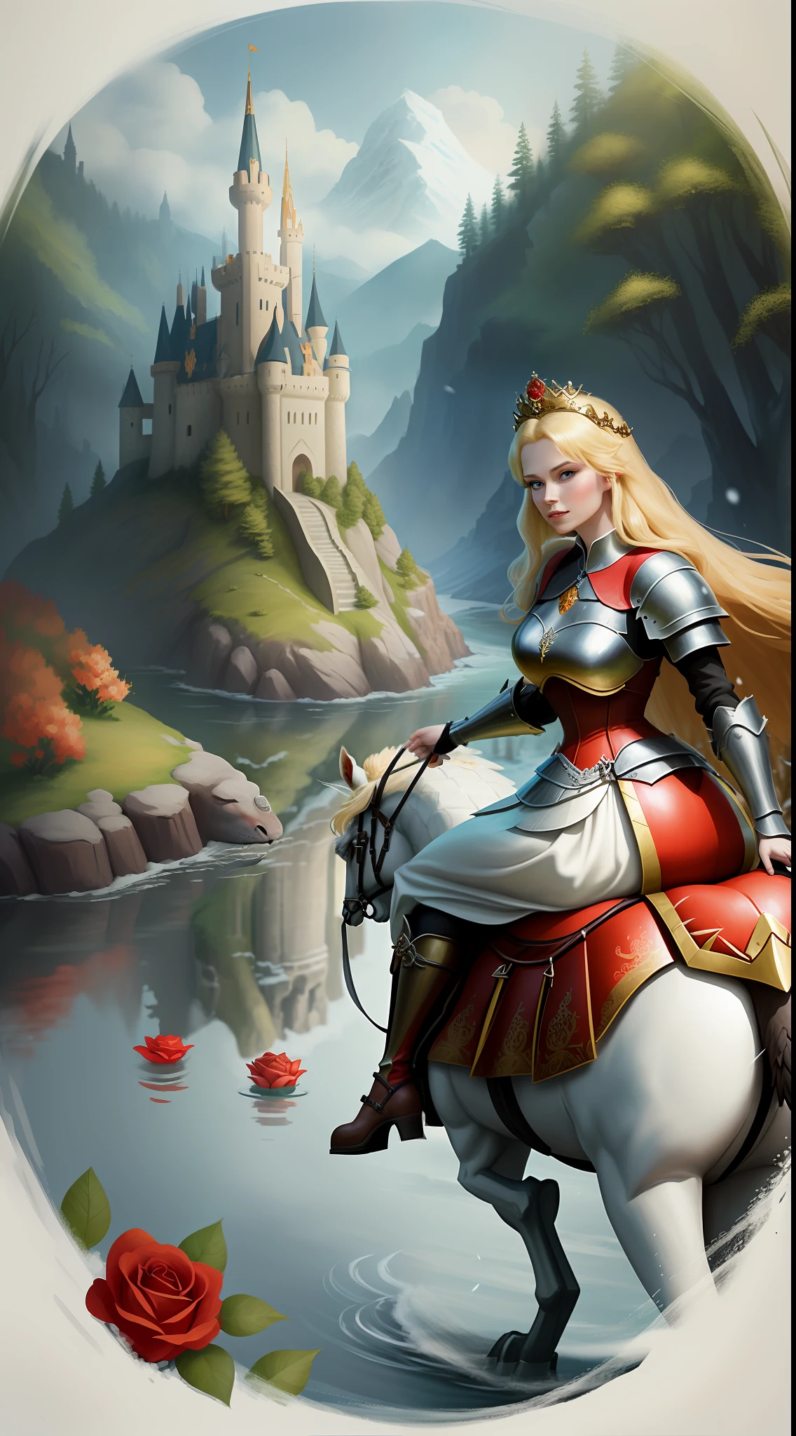 A gorgeous 25-year-old Disney princess, blonde Snow White with a sword and one in armor riding the dragon wearing a crown in the forest with many cute animals near her., Many flowers of various colors. A sunny day. with a river and a fairytale castle in the background. Walt Disney style cartoon style masterpiece, various angles looking at the camera, big orange and red roses, 3, cute animals, snow white on top of the dragon