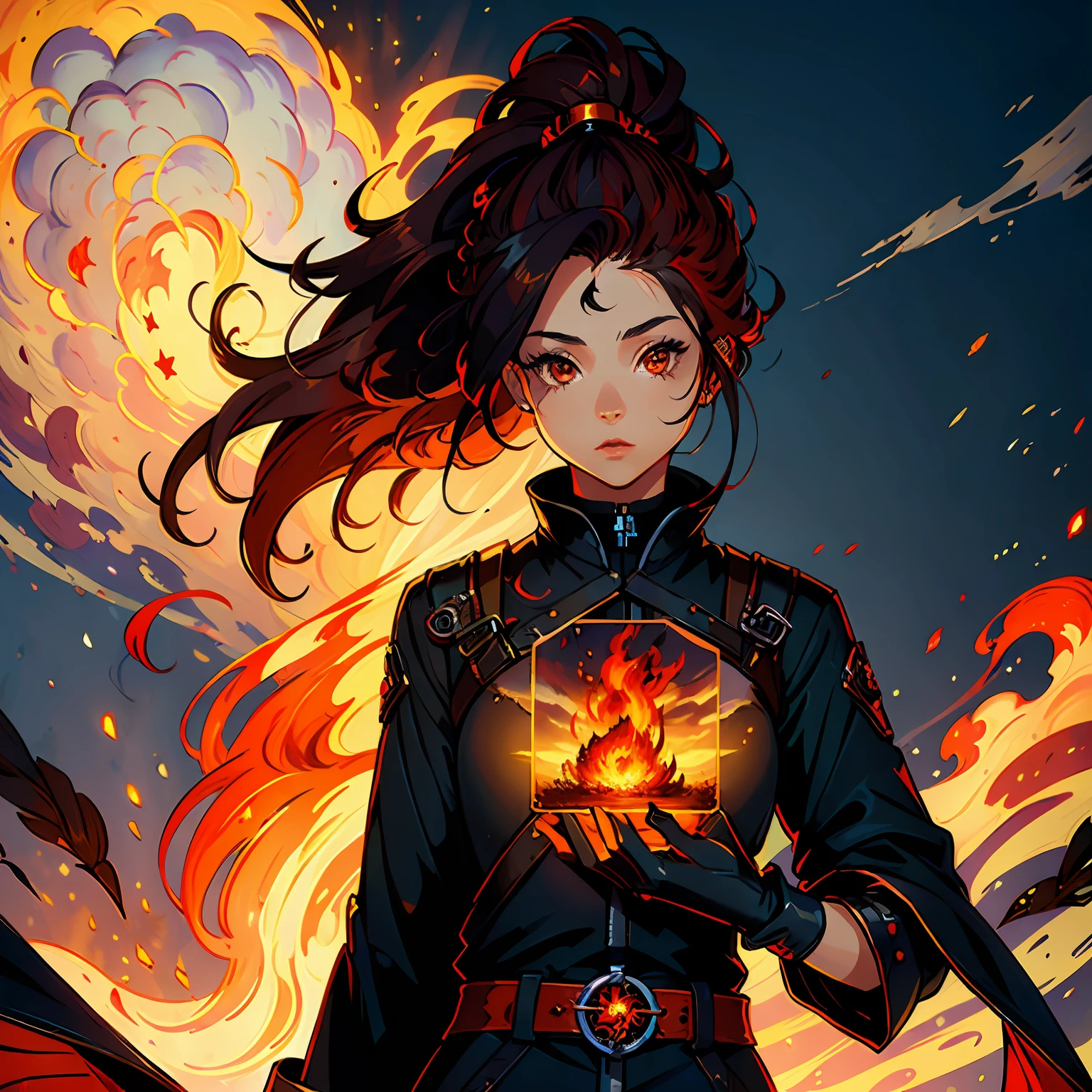 (artwork+masterpiece:1.4), (1girl) (fire hair:1.3), (shimmering red eyes:1.2), brown skin, long hair, burning scenery, wearing black sticky robes and gloves on her hands.