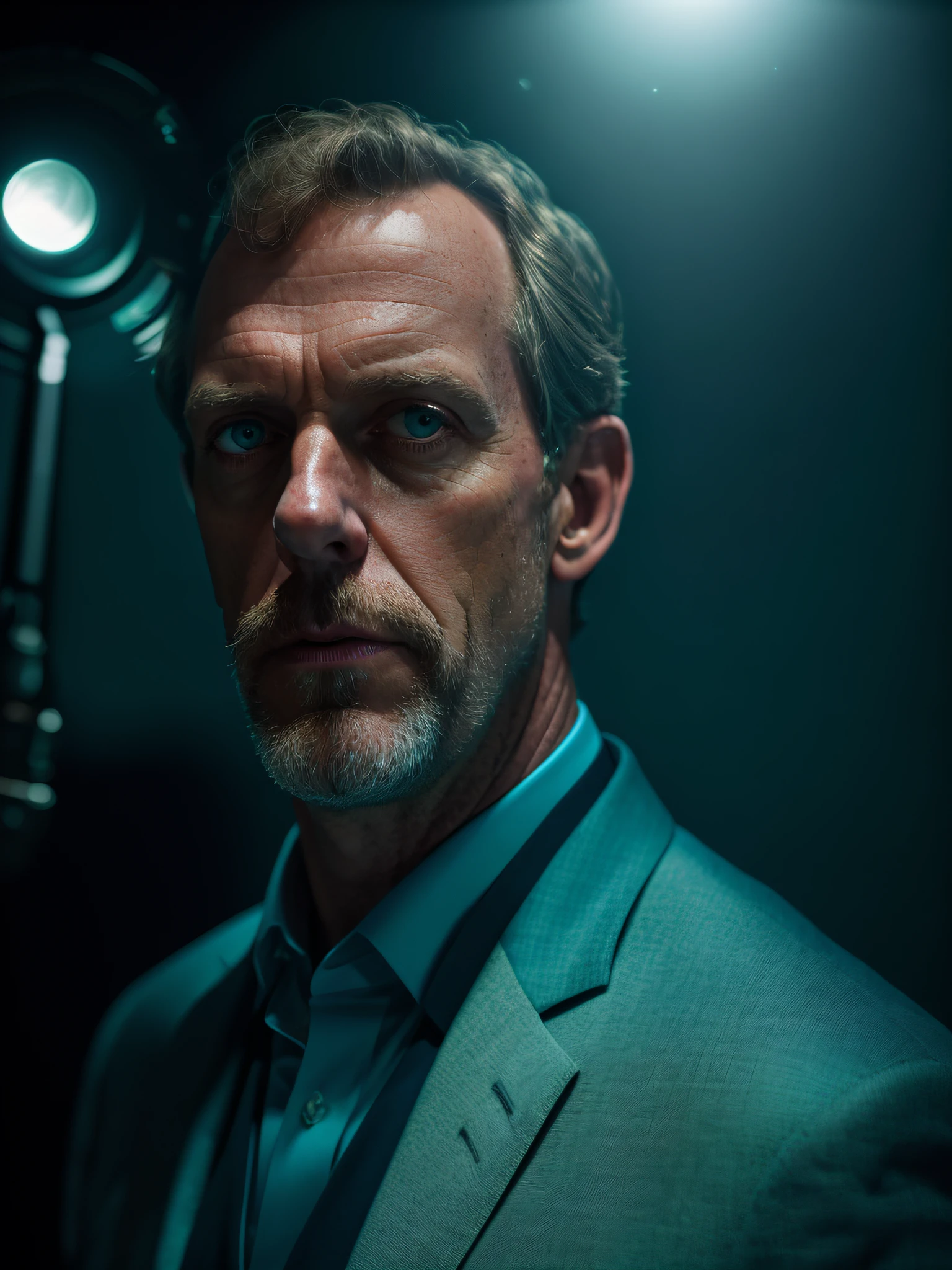 porttrait of an award winning photo of hugh laurie posing in a dark studio, (rim lighting,:1.4) two tone lighting, sharp focus, teal hue, octane, unreal, dimly lit, close up, lowkey,