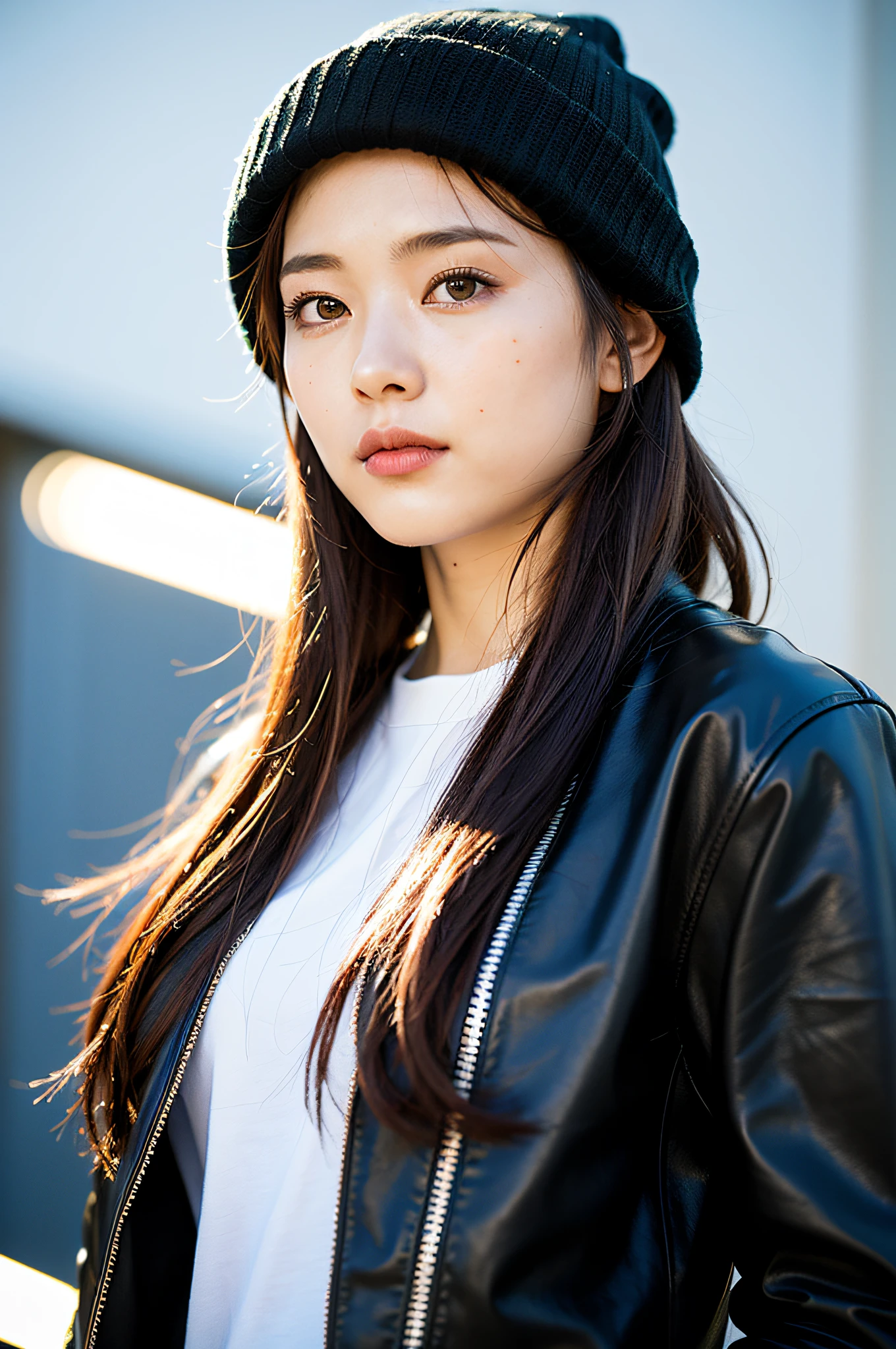 (8k: 1.27), top quality and beautiful sci-fi warrior female spacesuit photo, feminine atmosphere, (beanie: 1.61), (leather jacket: 1.21) intricate and elegant, Art Nouveau geometric pattern, gradient lighting, beautiful detail depiction, female perspective.