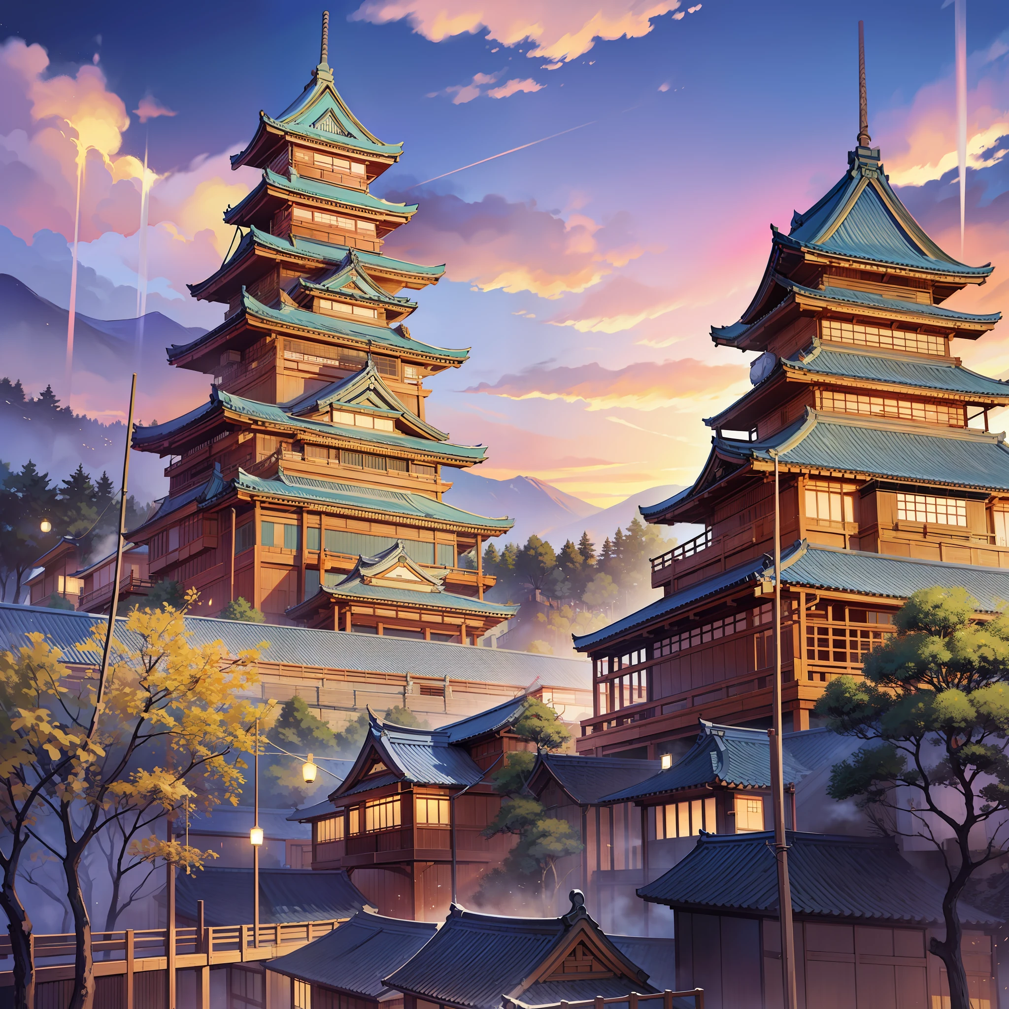 masterpiece, 8k, high quality, warring states period Japan, osaka castle, sanada yukimura, sanada maru, landscape, crowd, crowd, studio ghibli style, very complex, very detailed, photorealism style , castle town