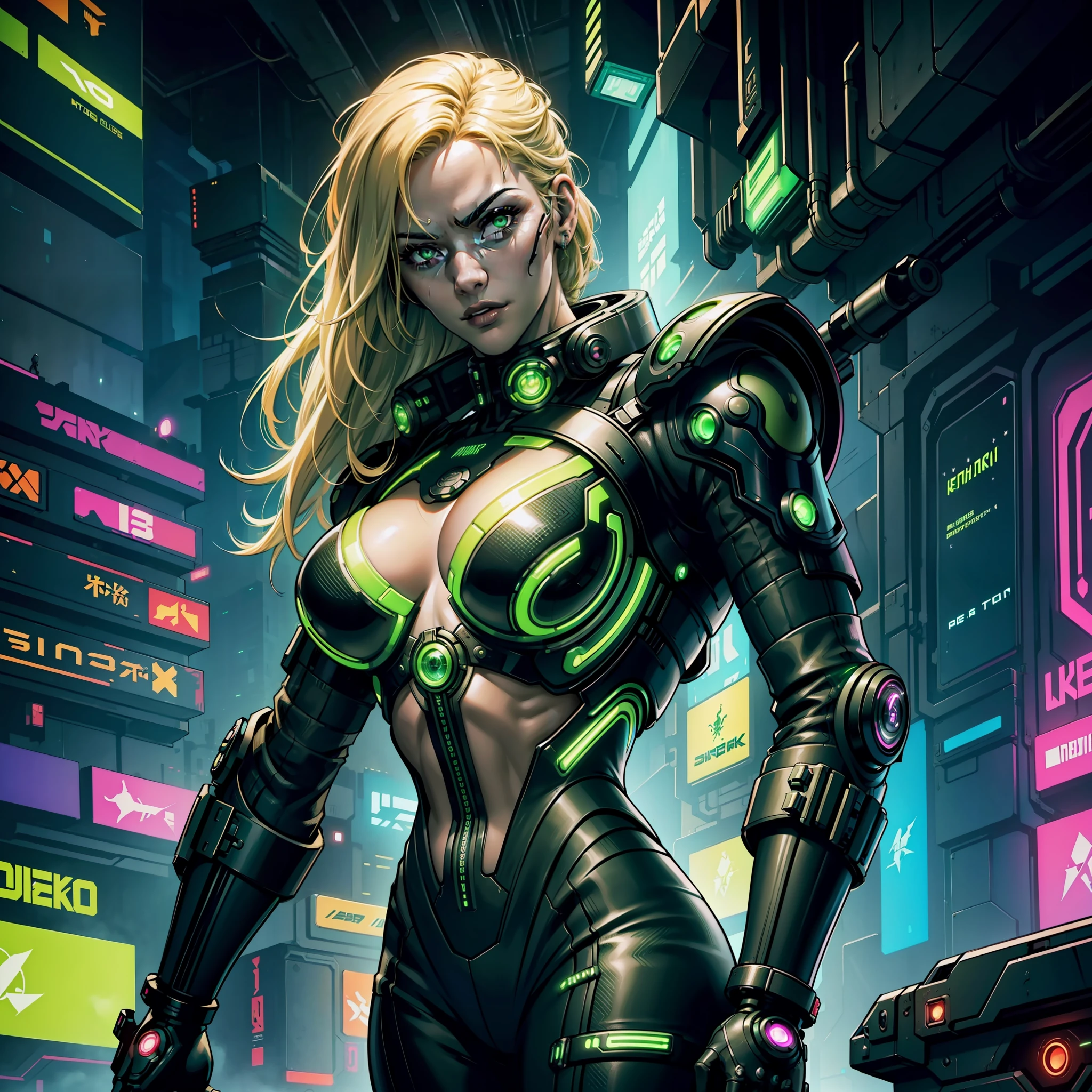 A closeup of an athletic woman in a futuristic costume, (((full trunk)), (((full torso shot)))), cyberpunk character art, stellar character art, metabaron, science fiction, scifi, shadowrun character art, cyberpunk hero, portrait of a cyberpunk woman, epic scifi character art, cyberpunk character, cyberpunk digital painting, sci-fi epic character art, sci-fi epic character art, round iris, ((green eyes)))), perfect, intricate, complex eyes, Helios 44-2, ((medium blonde hair)), :: focus on closeup face, happy face, Kate Winslet's face, ((cyberpunk green and black futuristic combat suit)), ((dark cyberpunk background)), (neon lights), natural lighting, detailed background, bokeh, 8k, :: best quality, :: masterpiece, :: insanely detailed:1.5