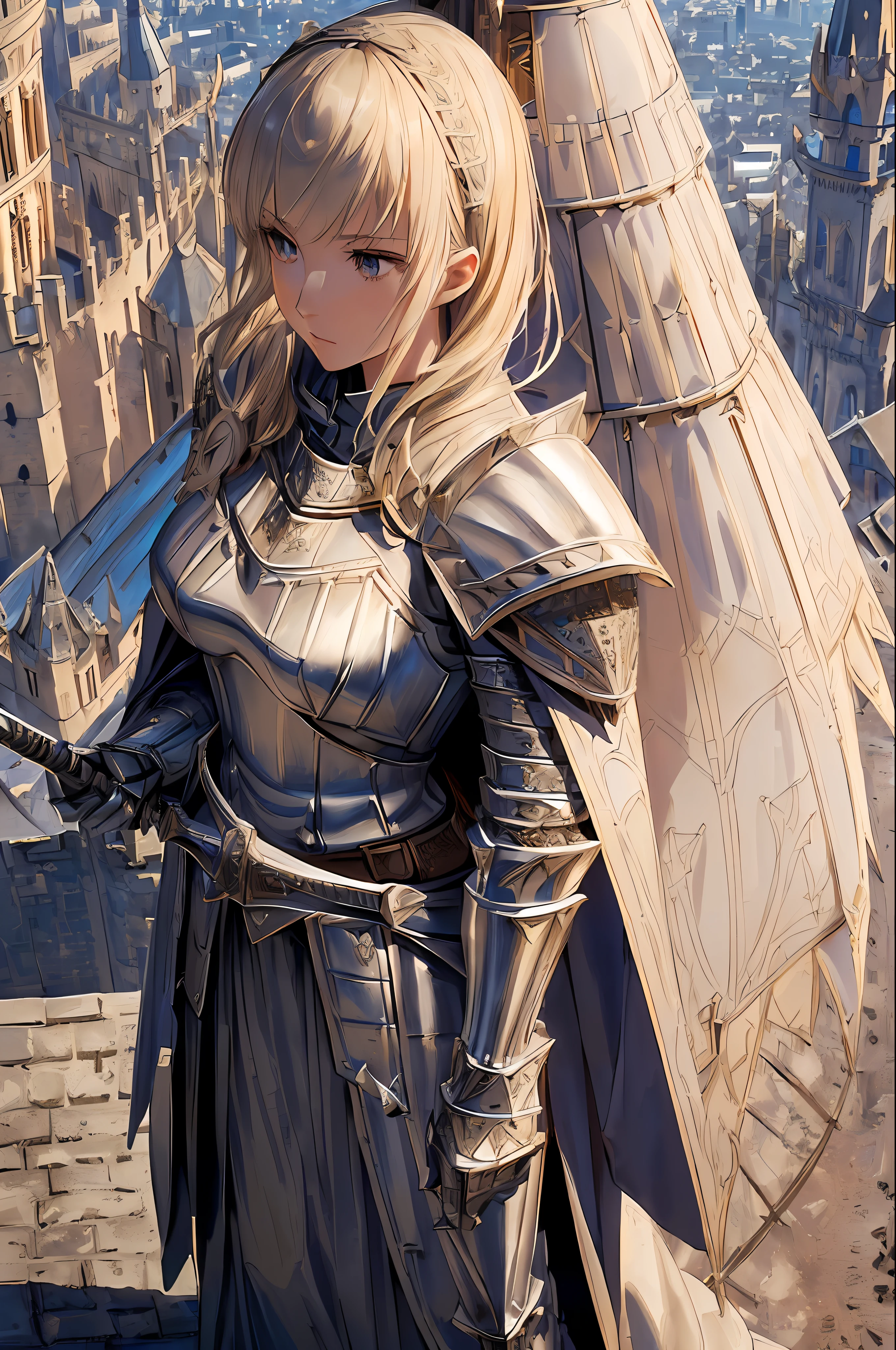 realistic, realistic details, detailed, (((1girl, slender, female knight, detailed armor, intricate details, cape, holding staff, aerial perspective, from above, standing on top of tower overlooking medieval city scape,  extremely detailed architecture, perspective, sharp focus, depth of field, detailed background)))