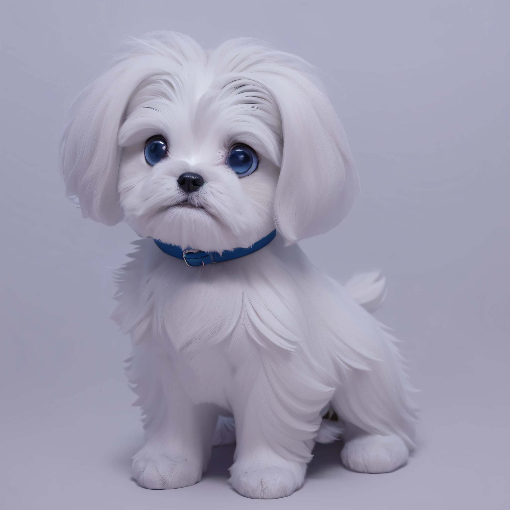 araffe dog with a blue collar sitting on a gray surface, cute dog, adorable digital painting, cute 3 d render, cute animal, cute detailed digital art, cute digital art, with white fluffy fur, puppy, cute! c4d, kawaii cute dog, shih tzu, isometric 3d fantasy cute dog, small white dog at her side