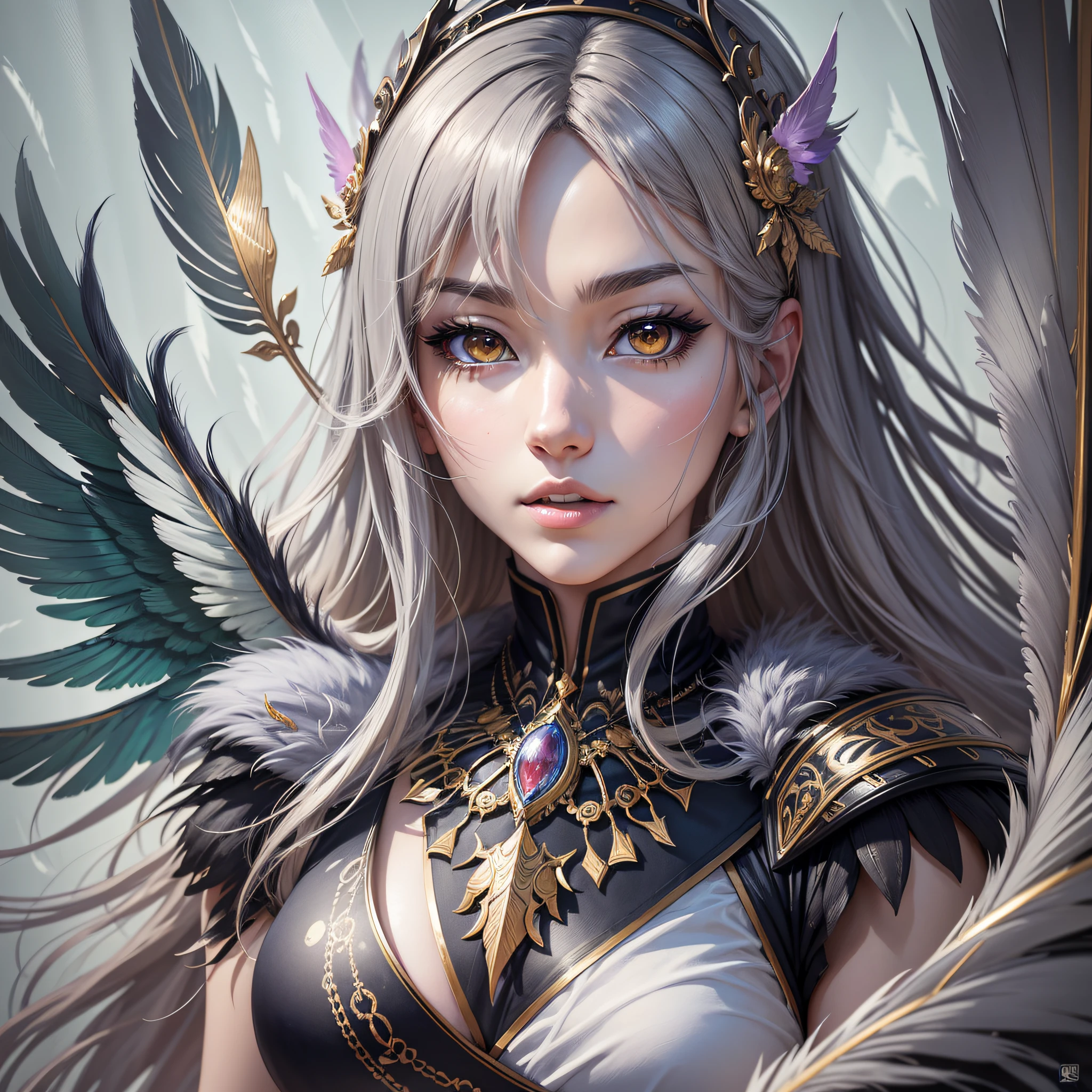 Masterpiece, best quality, {best quality}, {{masterpiece}}, {highres}, grayscale, anime, eye-catching, exotic, flying feathers, plumage, anime fantasy illustration, detailed 2D digital fantasy art, anime fantasy art, highly detailed official art, epic fantasy digital art style. Extremely high details, epic anime art, Anime - style illustration of a woman, woman, 1girl, casual clothing, focus, a closeup of the woman --auto --s2