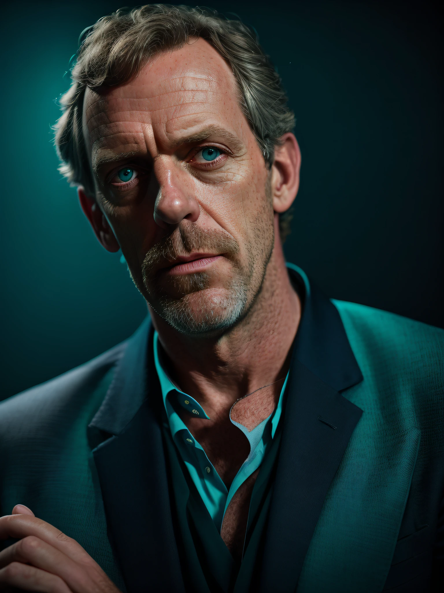 porttrait of an award winning photo of hugh laurie posing in a dark studio, (rim lighting,:1.4) two tone lighting, sharp focus, teal hue, octane, unreal, dimly lit, close up, lowkey,