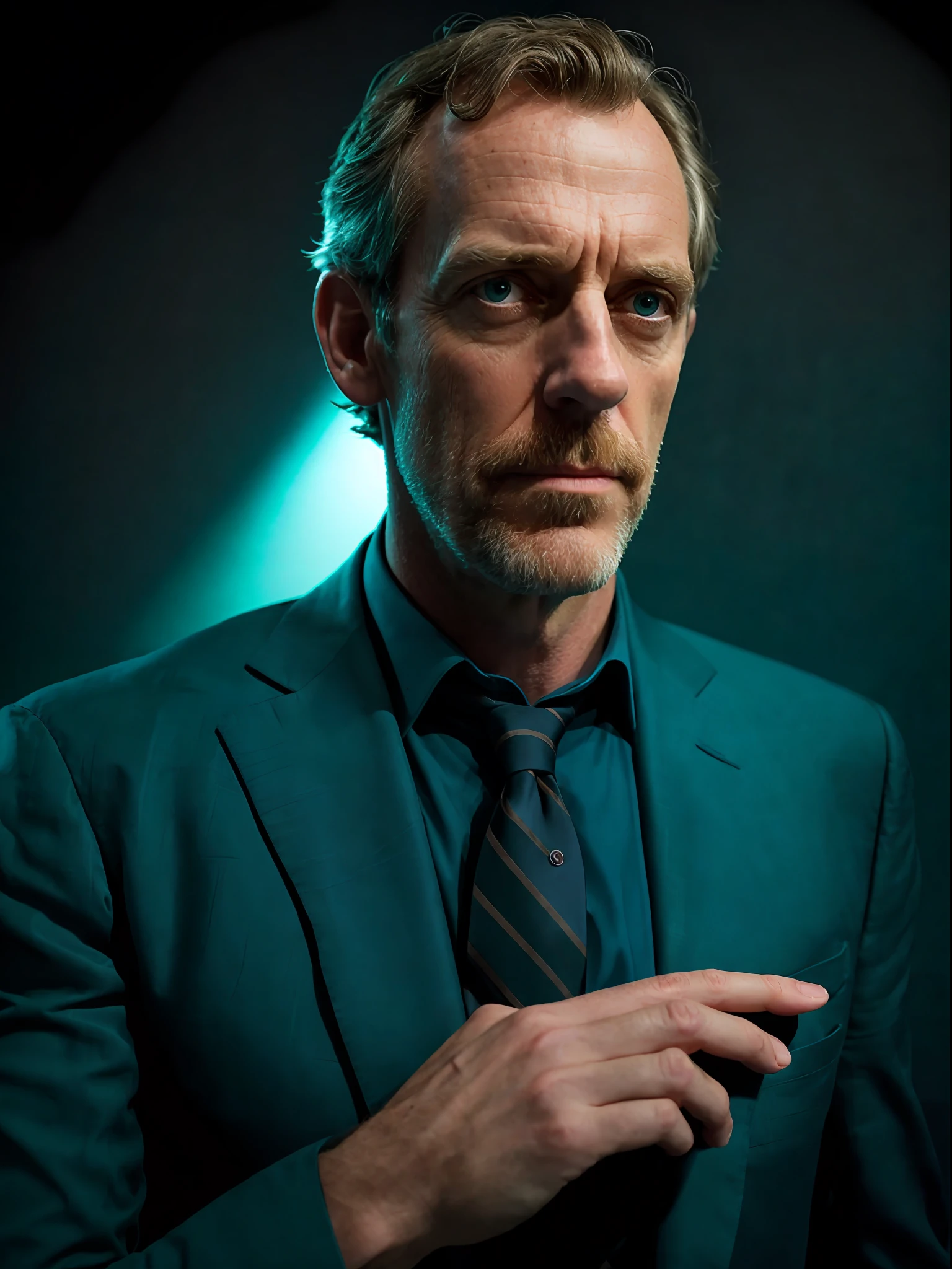 porttrait of an award winning photo of hugh laurie posing in a dark studio, (rim lighting,:1.4) two tone lighting, sharp focus, teal hue, octane, unreal, dimly lit, close up, lowkey,