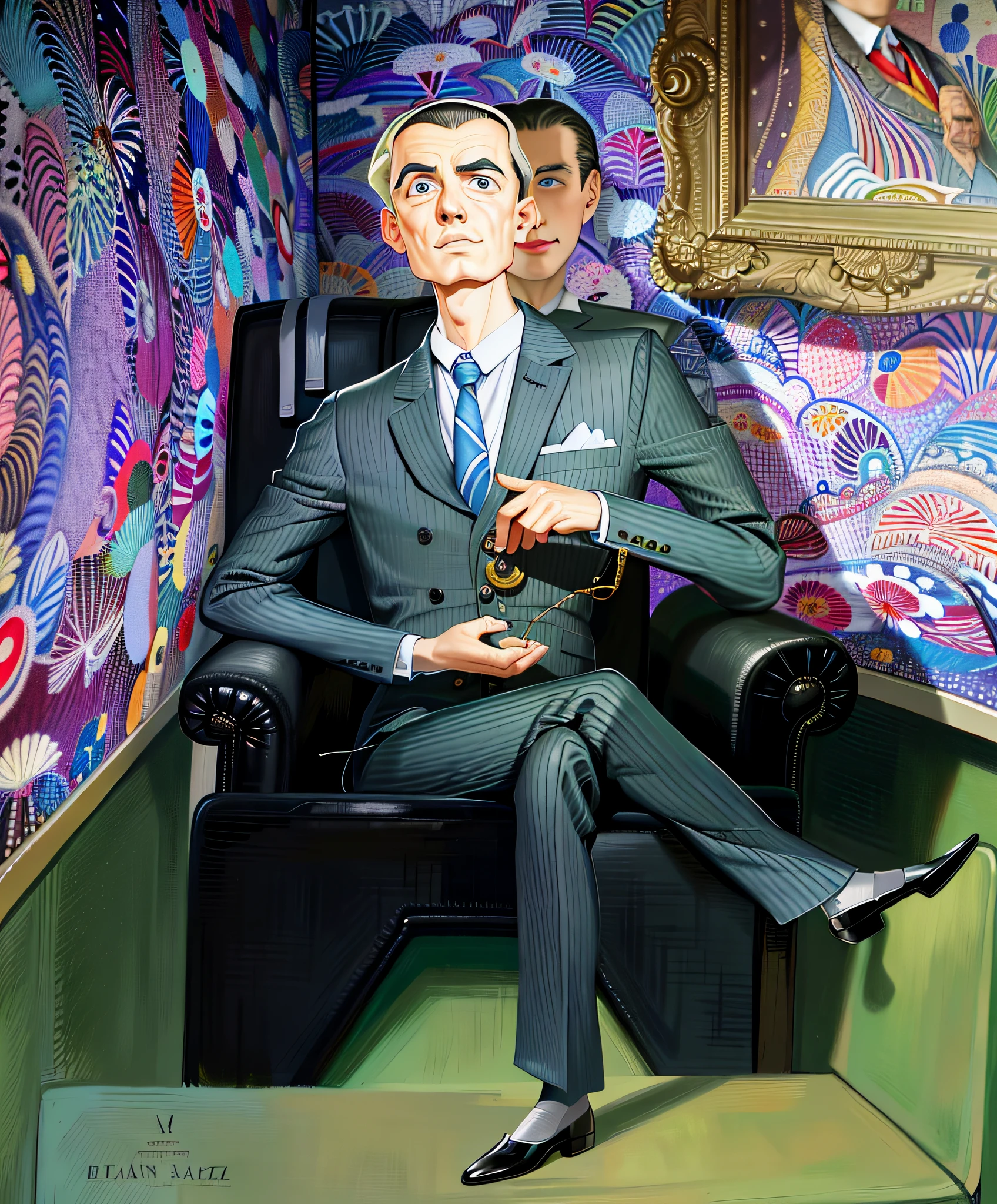 painting of a man in a suit sitting in a chair, by Ignacio Zuloaga, portrait of alan turing, ( ( barclay shaw ) ), pj crook, pulp character portrait, by Thomas Dalziel, inspired by Robert Ballagh, full - body artwork, inspired by John Wonnacott, maxim sukharev, style of hajime sorayama