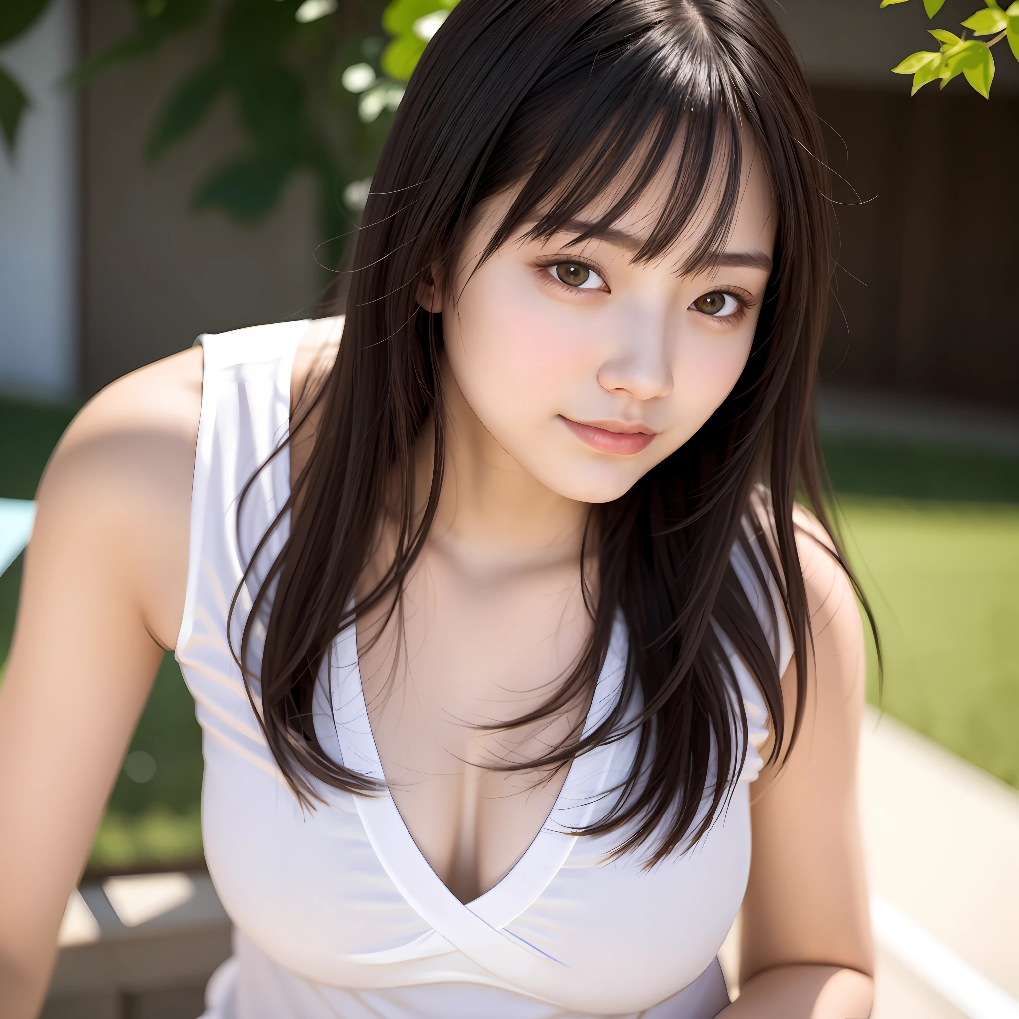 best quality, masterpiece, young girl, Dark hair, dark eyes, home, sun shining, shiny skin, sun flare