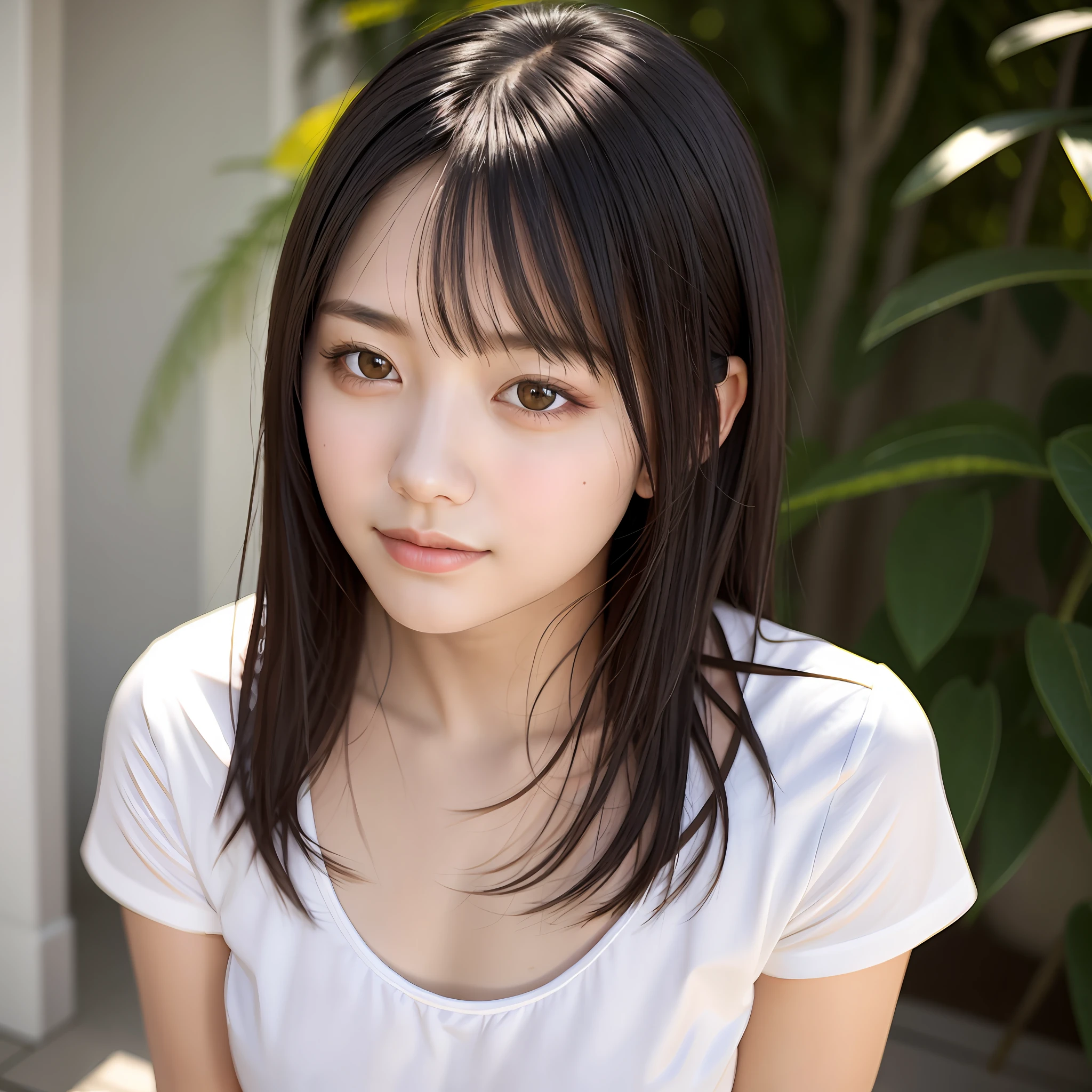 best quality, masterpiece, young girl, Dark hair, dark eyes, home, sun shining, shiny skin, sun flare
