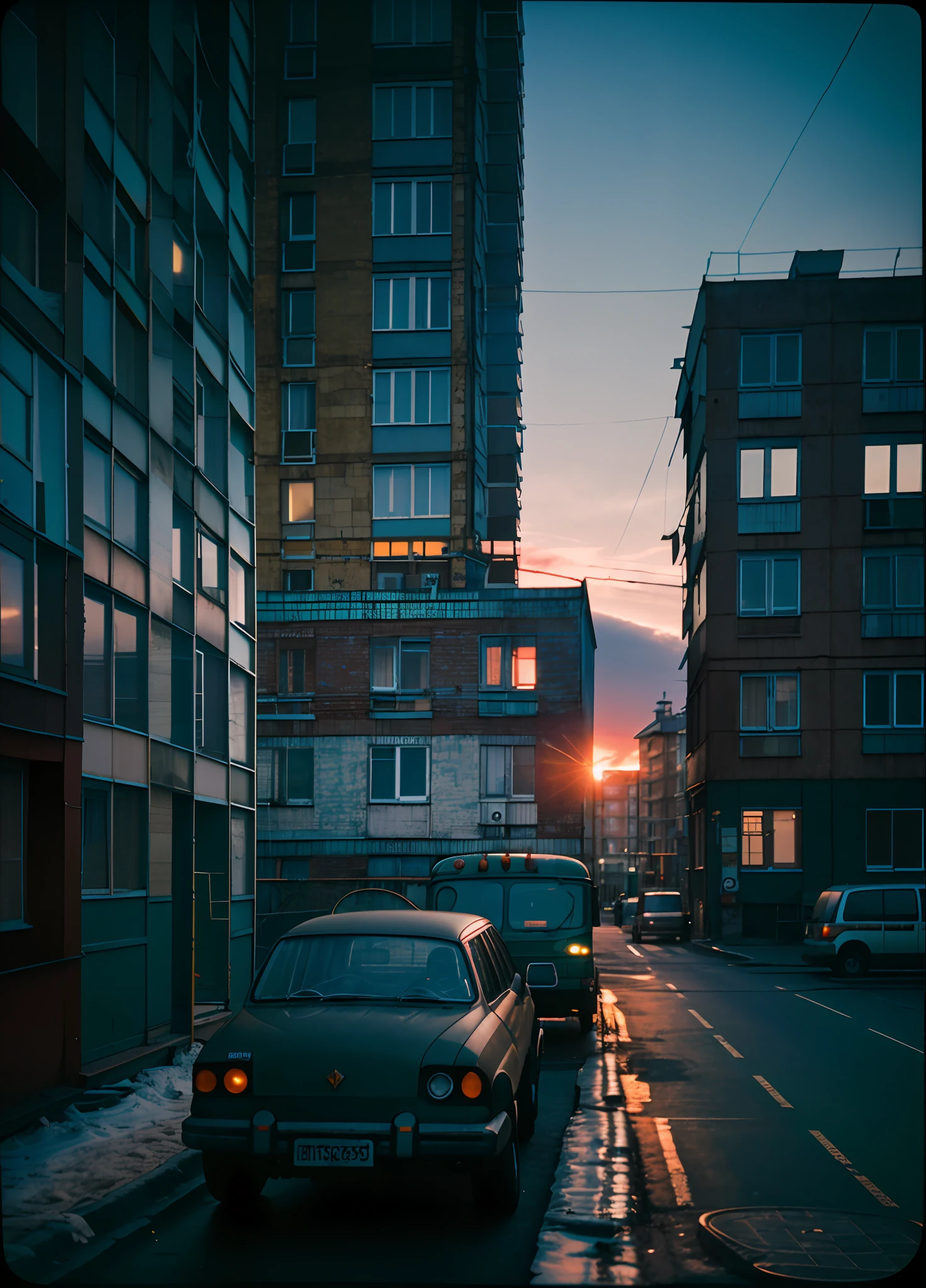 view from window, yard with large buildings, russianebenya, sunset, bus stop, cars parked, movie still, 30mm lens, polaroid, analog photo, vhs, lomo, masterpiece, best quality, (film grain:1.1), ultra high res, RAW