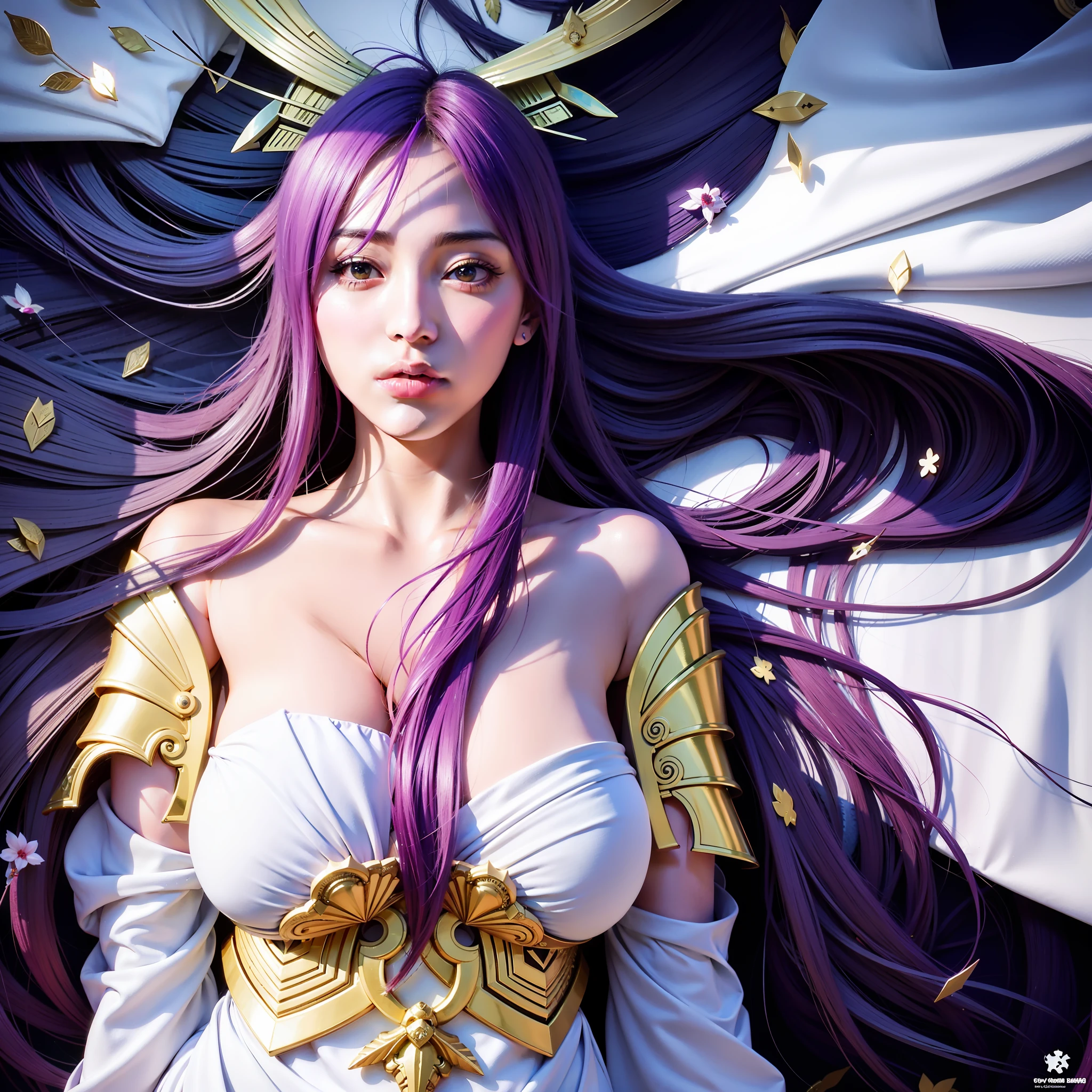 araffe with purple hair and gold armor laying on a bed, anime goddess, portrait knights of zodiac girl, anime girl cosplay, irelia from league of legends, captured on canon eos r 6, anime cosplay, artgerm. anime illustration, irelia, extremely detailed artgerm, seraphine ahri kda, ! dream artgerm