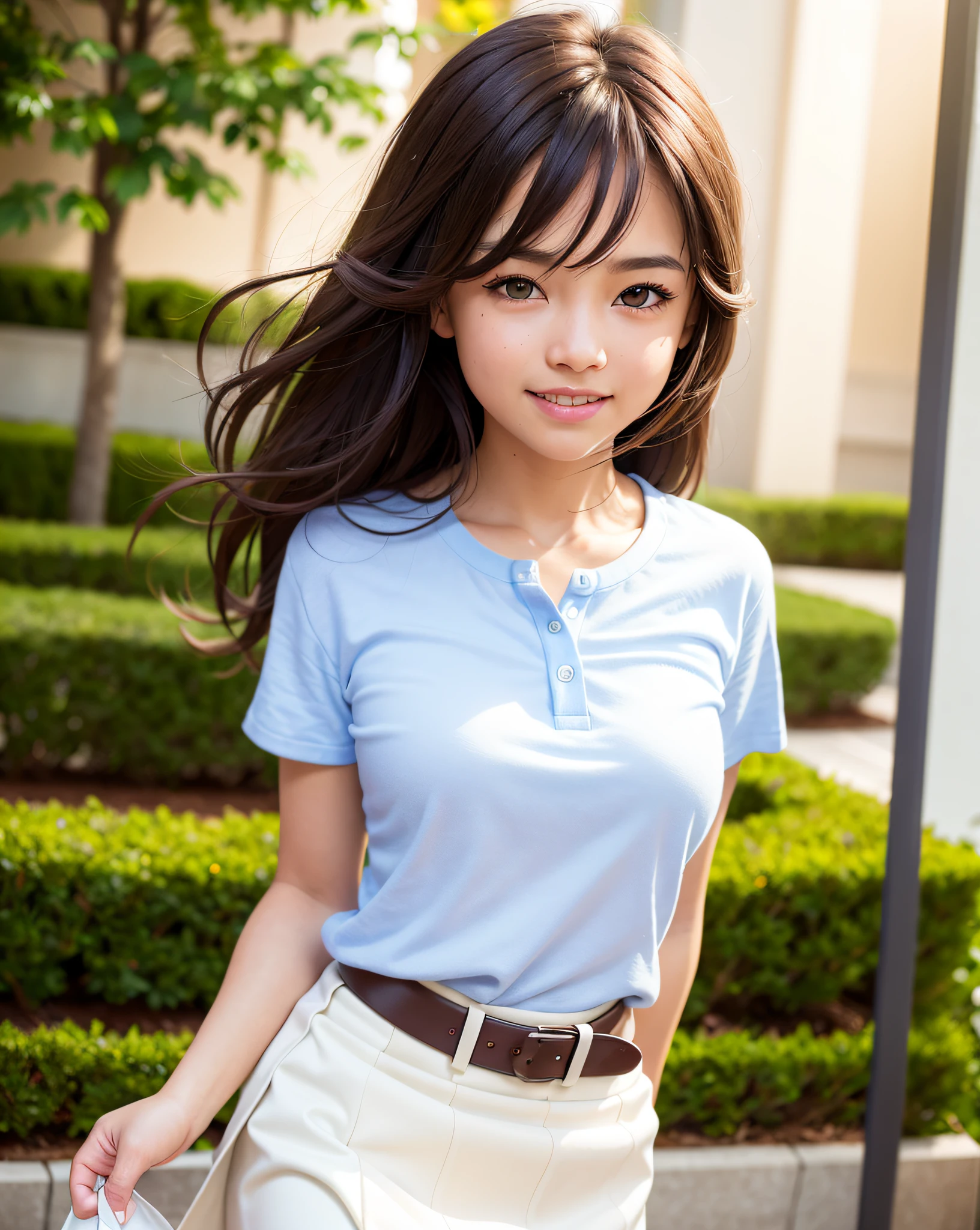 best quality, face focus, soft light, (depth of field) ,ultra high res, (photorealistic:1.4), RAW photo, ambient occlusion,walking,
1girl, solo, cute, shy, (smile:1.2), (brown eyes,catch light), detailed beautiful skin, (dark_hair, short_hair ), (white shirt , blue skirt)