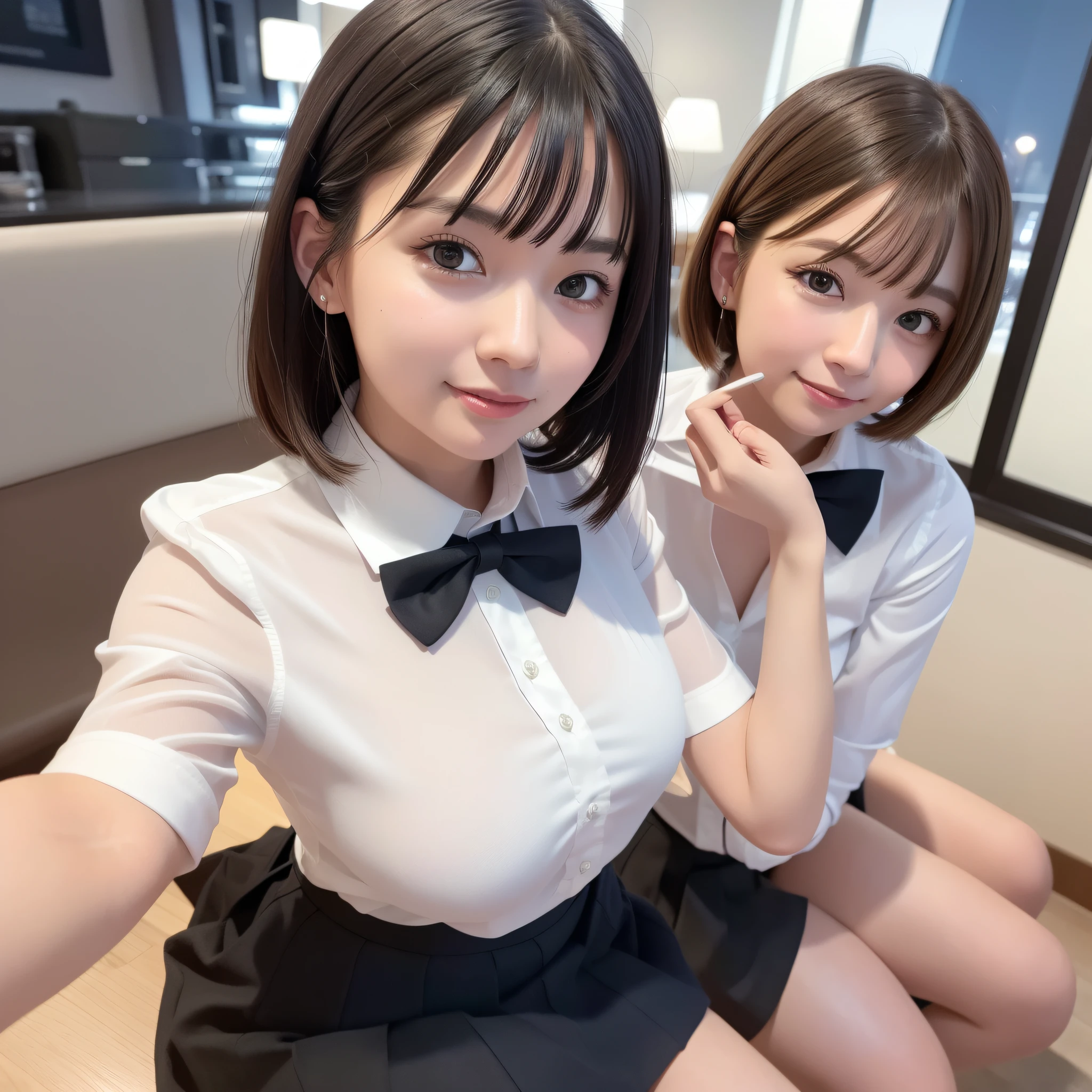 (8k, RAW photo, best quality, masterpiece: 1.2), (realistic, photo-realistic: 1.37), ultra-detailed, 1 girl, cute, solo, beautiful detailed sky, detailed coffee, night, sitting, (flushed nose), (smile: 1.1), (mouth closed), medium breasts, beautiful detailed eyes, (collared shirt: 1.1), bow tie, pleated skirt, (short hair: 1.2), long hair, taking big ice cream,