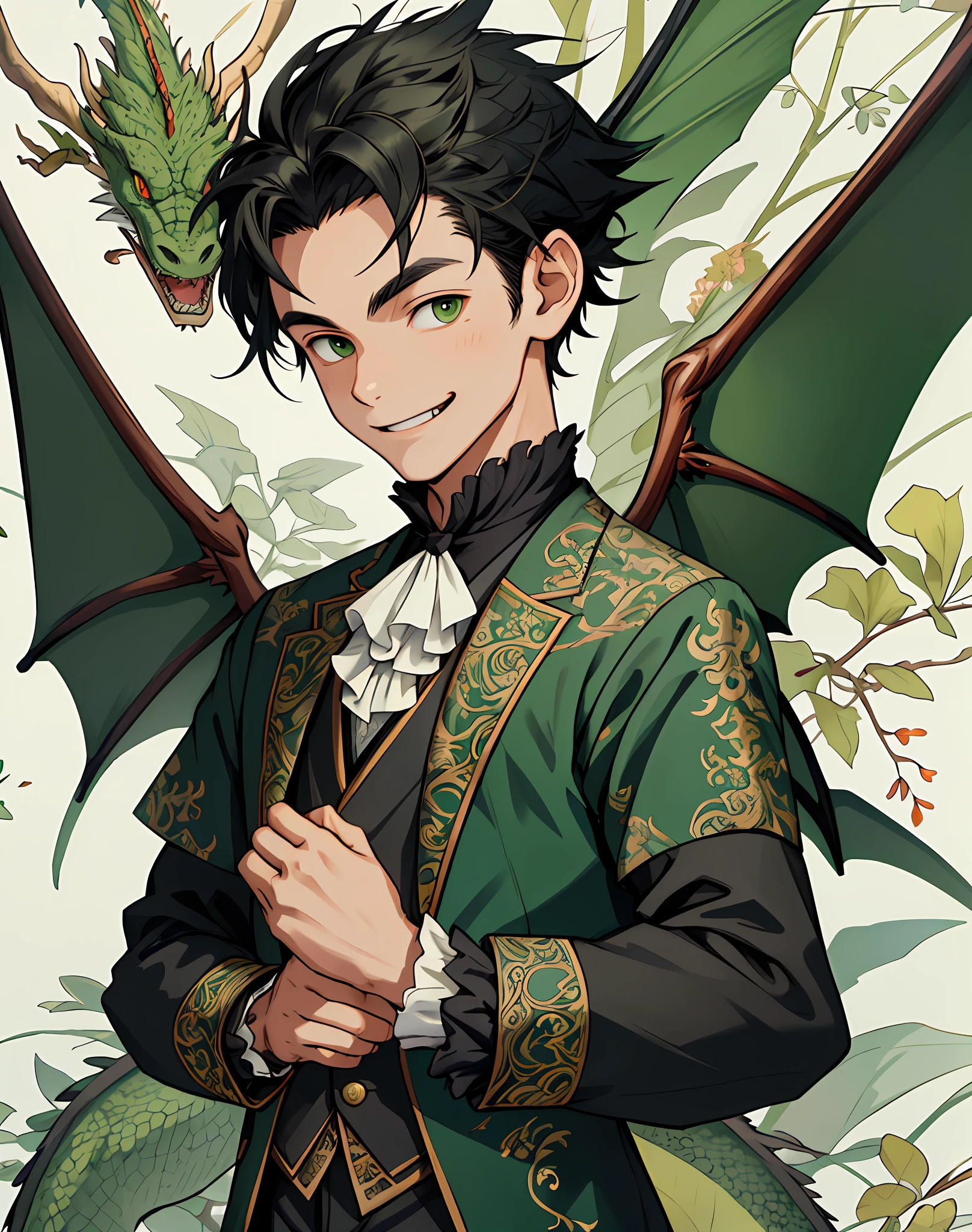 ((raw photo)), ((masterpiece)), anthropomorphic humanoid DemonChild wearing Victorian boy clothing, small child, intricate detail, green dragon behind, black hair, smiling, wings