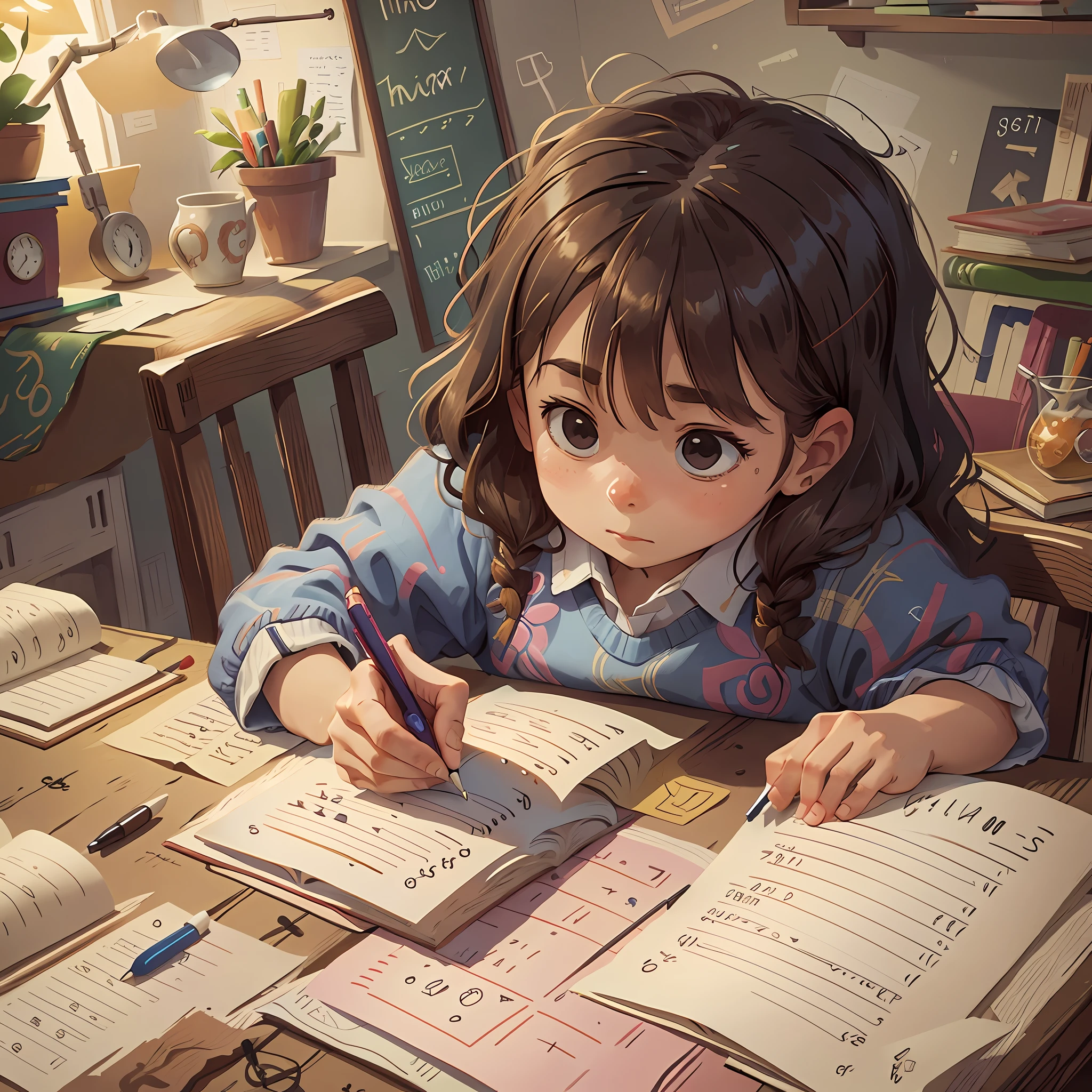 , writing, pen, paper, table, chair, concentration, seriousness, concentration, happiness.