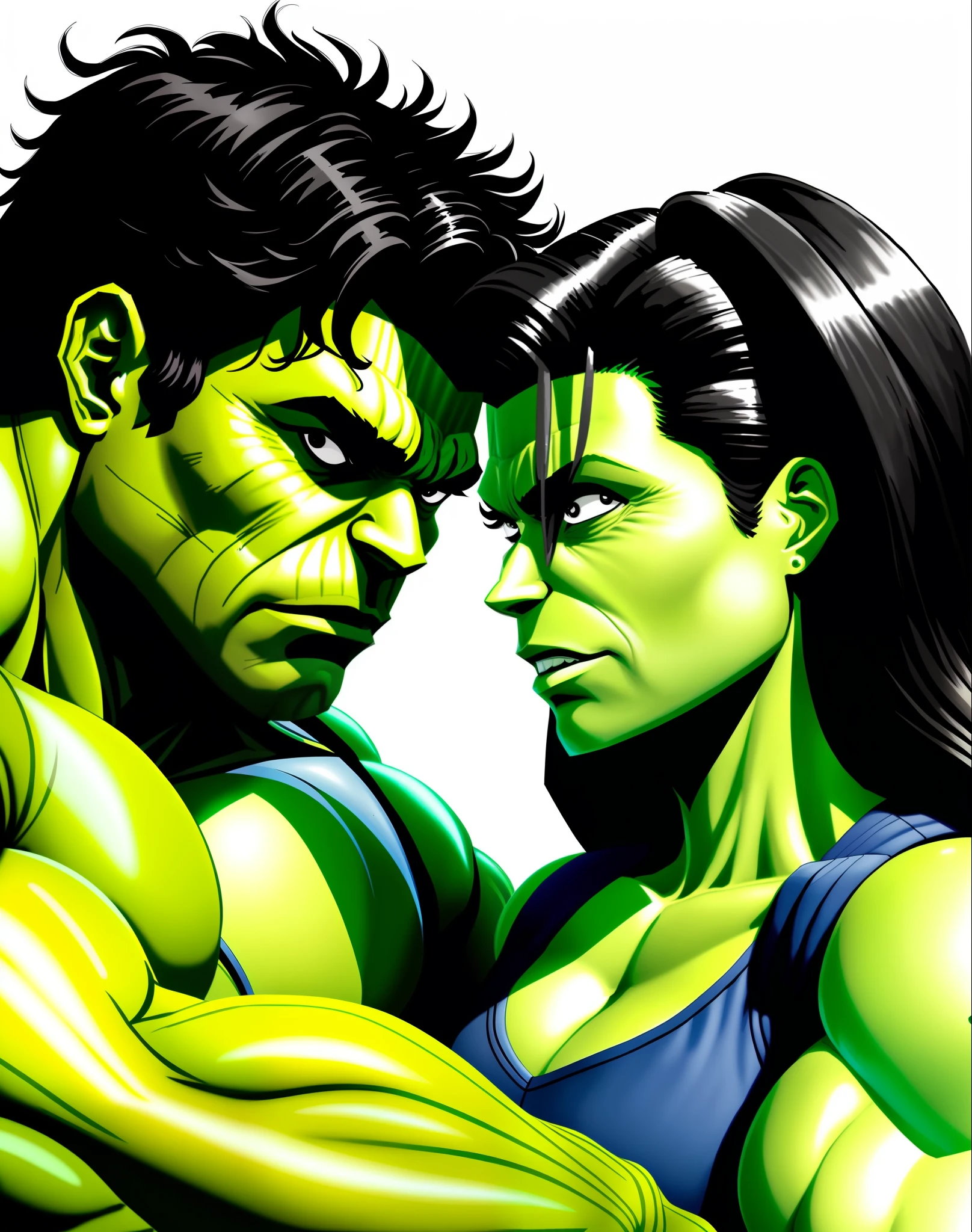 ((She Hulk)) and ((Incredible Hulk)) Marvel, together making out, romantic mood, harmonious, natural mountain environment, movie scene, highly detailed ((perfect quality)) 32k--no style cartoon, draw