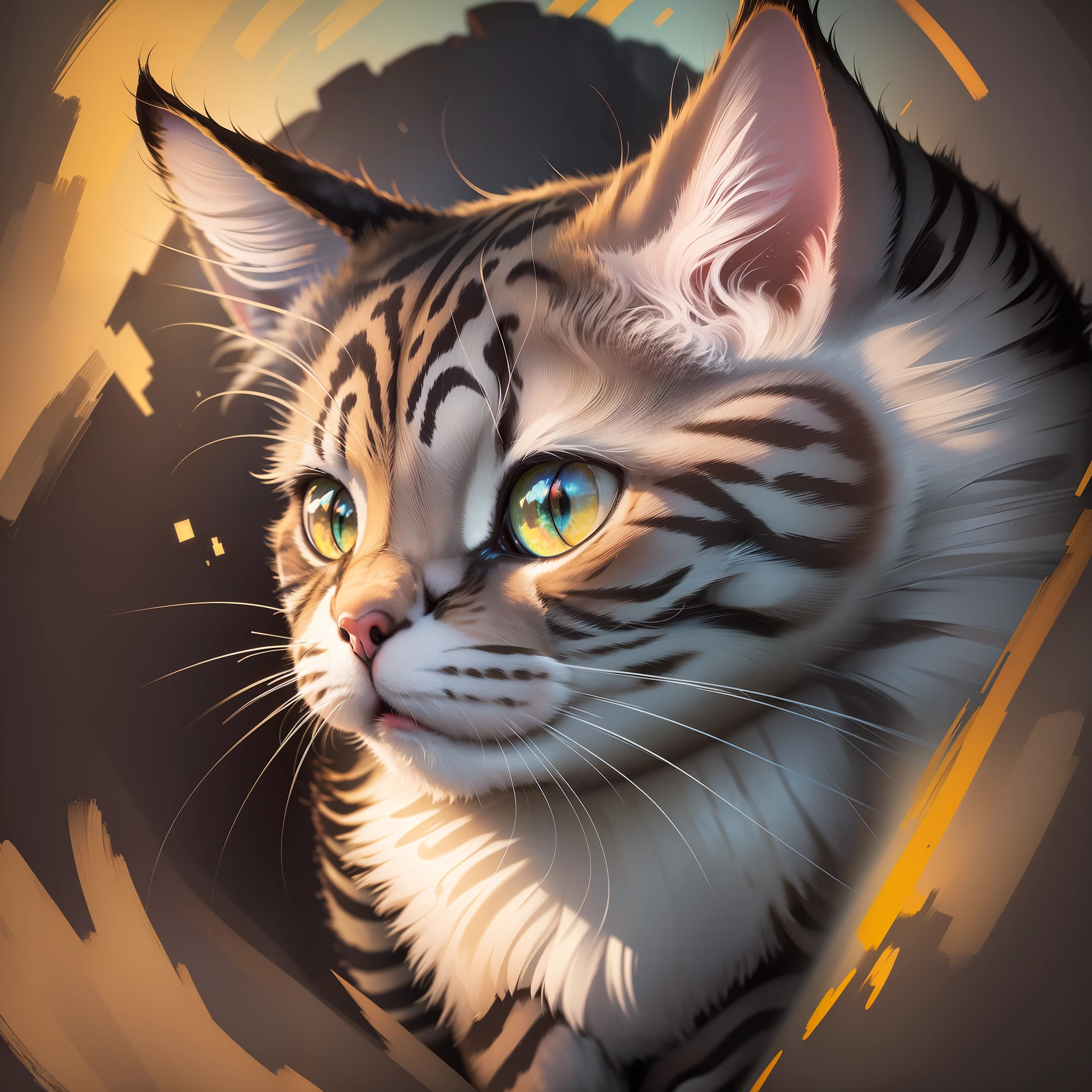 ((Cat)), Color Field painting, Futurism, Romanticism, Tonalism, Op art, Impressionism, Abstractionism, chiaroscuro, motion blur, chromatic aberration, glowing light, blending, chromatic aberration abuse, bloom, optical illusion, framed, viewfinder, close-up, UHD, masterpiece, super detail, best quality