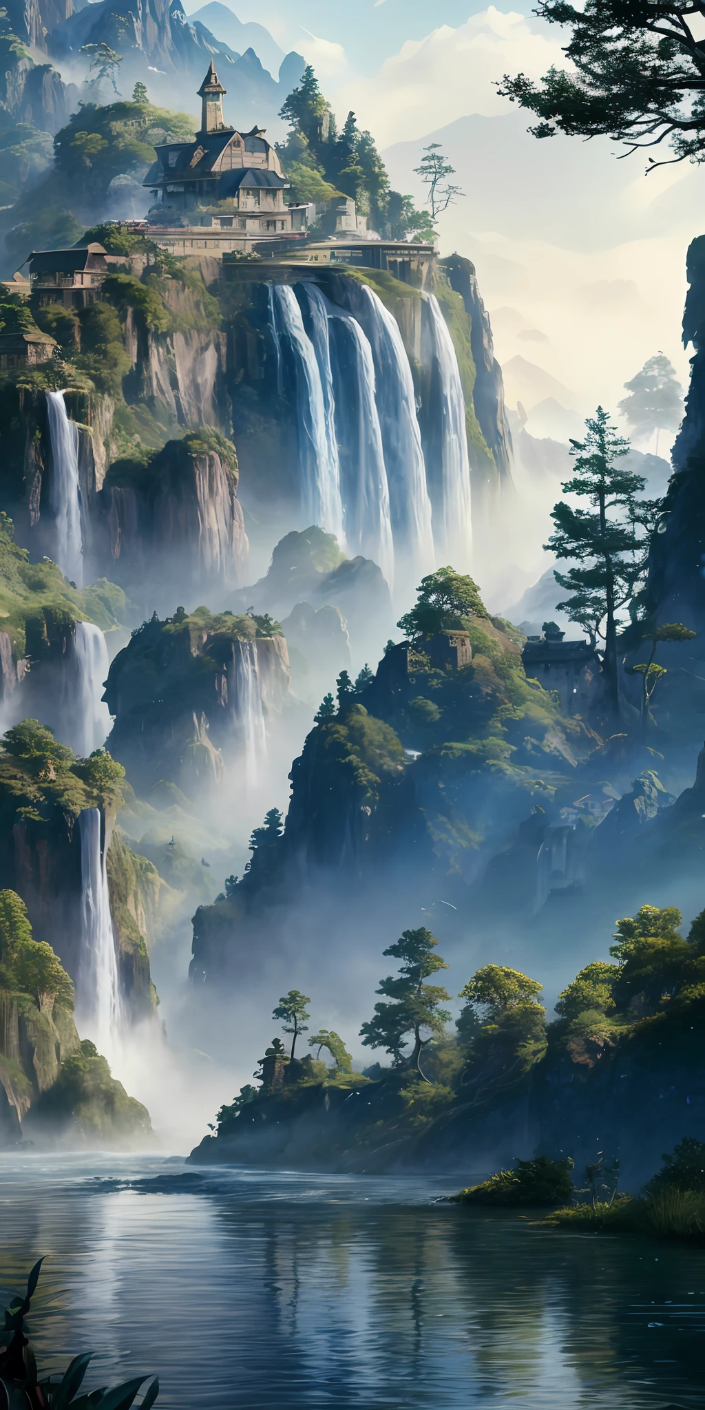 painting of a waterfall in a mountainous area with a house on the top, vertical wallpaper, 4 k vertical wallpaper, 4k vertical wallpaper, 8 k vertical wallpaper, 8k vertical wallpaper, ross tran. scenic background, beautiful mattepainting, 4 k matte painting, detailed scenery —width 672, beautiful iphone wallpaper, avatar landscape, inspired by Raphael Lacoste