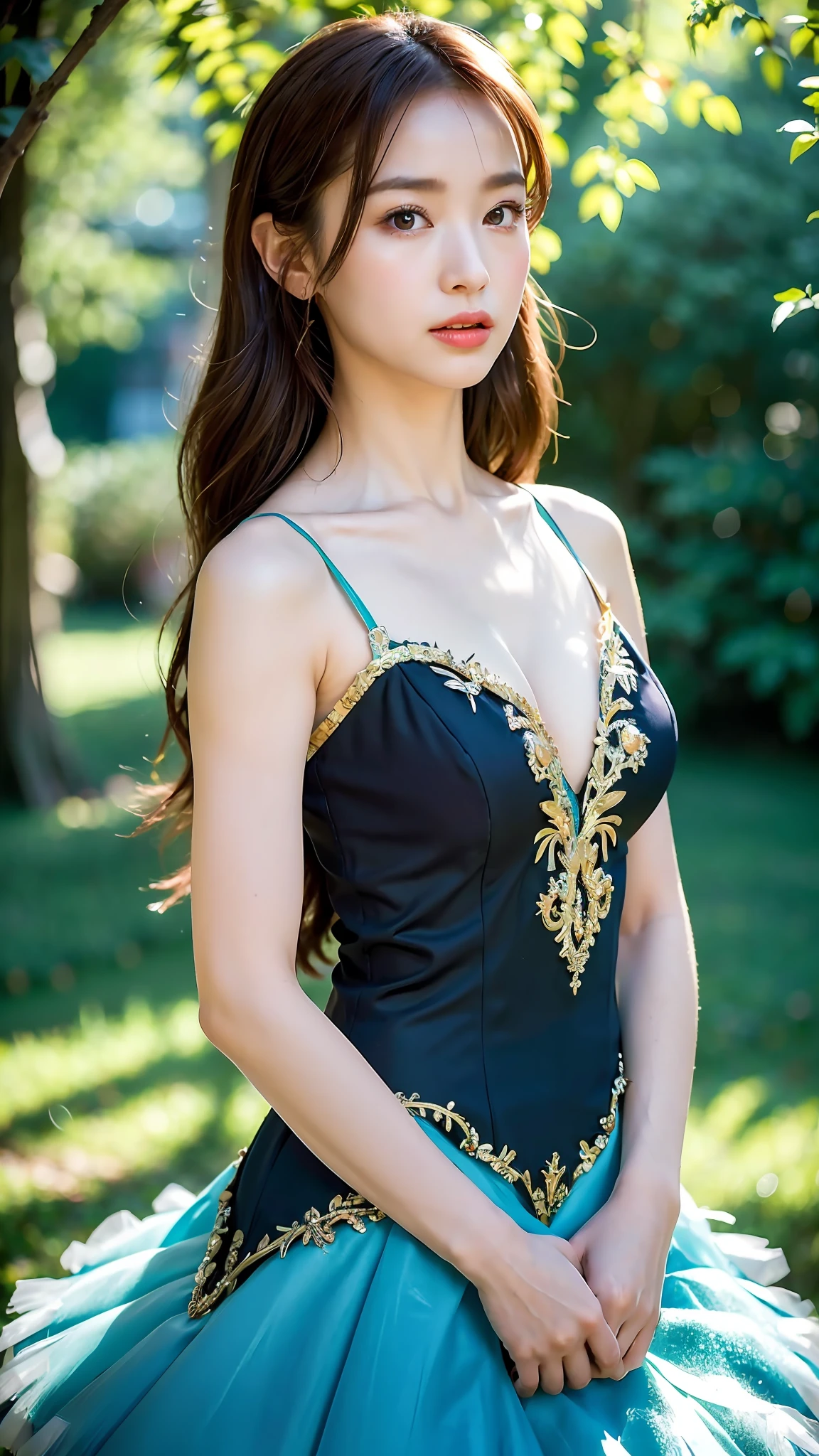 (Best quality, 8k, 32k, Masterpiece, UHD:1.2), Photo of Pretty Japanese woman, (RAW photo), (realistic), (photorealistic:1.3), (high res), ultra detailed, Primaballerina_tutu, blue tutu, incredibly beautifull face and eyes, , (huge breasts), cleavage, small face, thin waist, slim proportions,tongue out, looking at viewer, forest at dawn