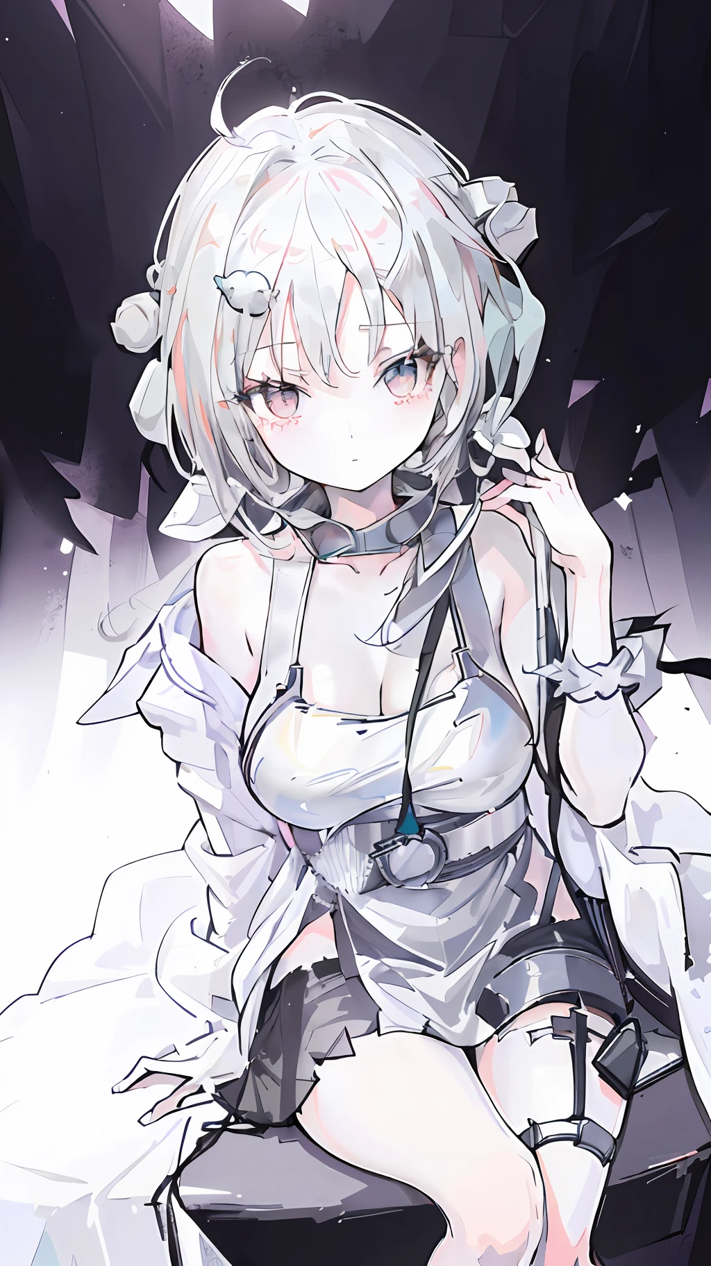"((1 girl), (long white hair + silver hair: 1.2), ( + beautiful clothes), beautiful to perfection, white dress, pixiv goddess, seduction), (dynamic pose on table), (cute), (unknown background), high resolution."
