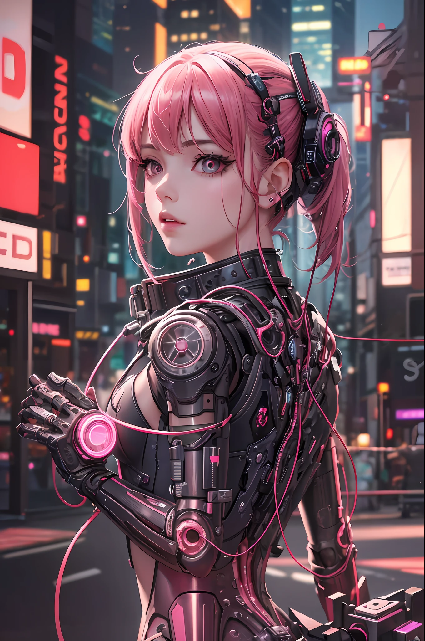A cute mechanical cyberpunk Rosé Blackpink girl, realistic details, global illumination, shadows, octane render, 8k, ultra sharp,metal,intricate, ornaments detailed, bold cyberpunk colors, hyperdetailed, highly intricate details, realistic light, trending on cgsociety, glowing eyes, facing camera, neon details, machanical limbs, blood vessels connected to tubes,mechanical vertebra attaching to back, mechanical cervical attaching to neck, wires and cables connecting to head --auto --s2