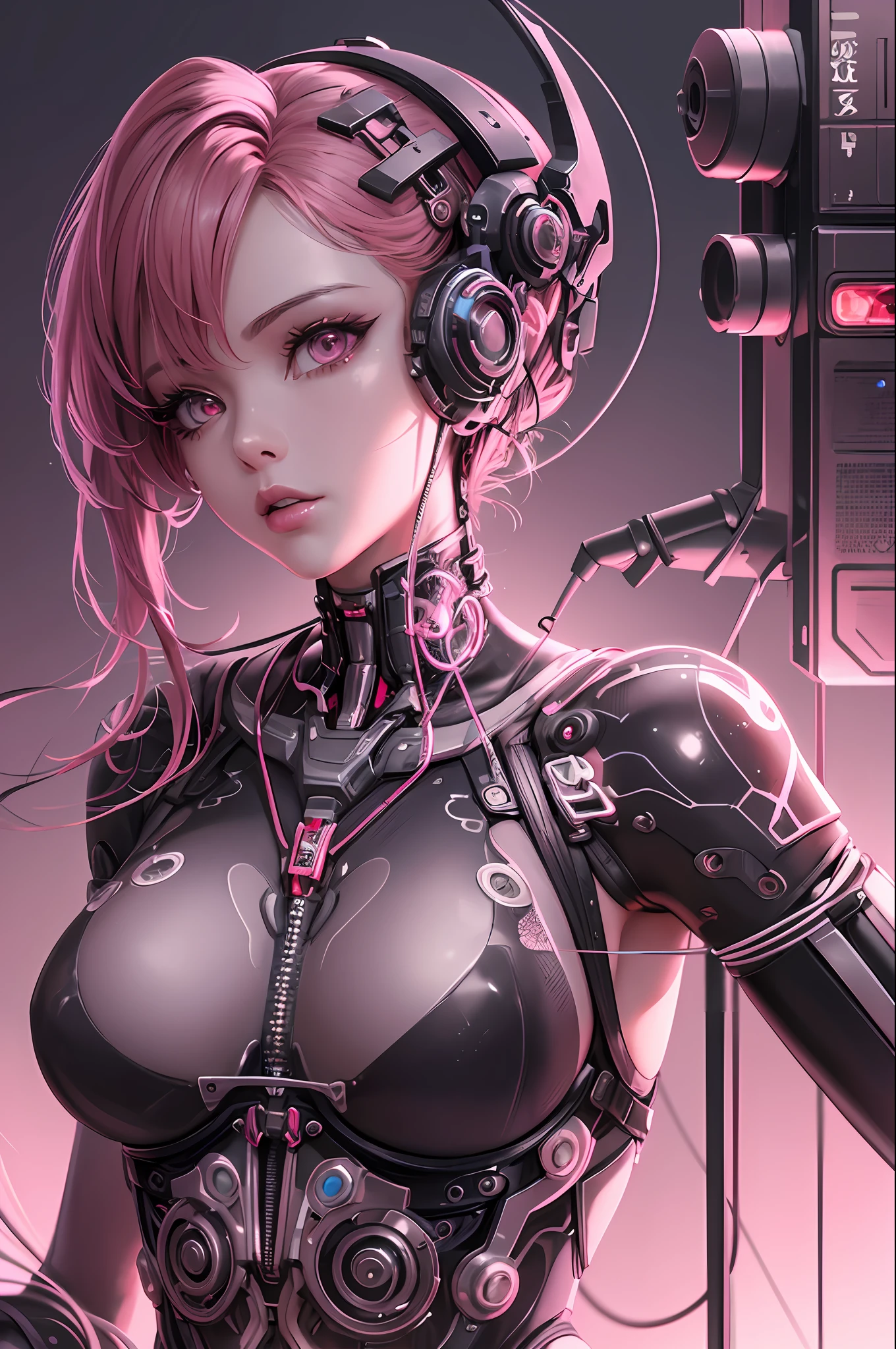 A cute mechanical cyberpunk Rosé Blackpink girl, realistic details, global illumination, shadows, octane render, 8k, ultra sharp,metal,intricate, ornaments detailed, bold cyberpunk colors, hyperdetailed, highly intricate details, realistic light, trending on cgsociety, glowing eyes, facing camera, neon details, machanical limbs, blood vessels connected to tubes,mechanical vertebra attaching to back, mechanical cervical attaching to neck, wires and cables connecting to head --auto --s2