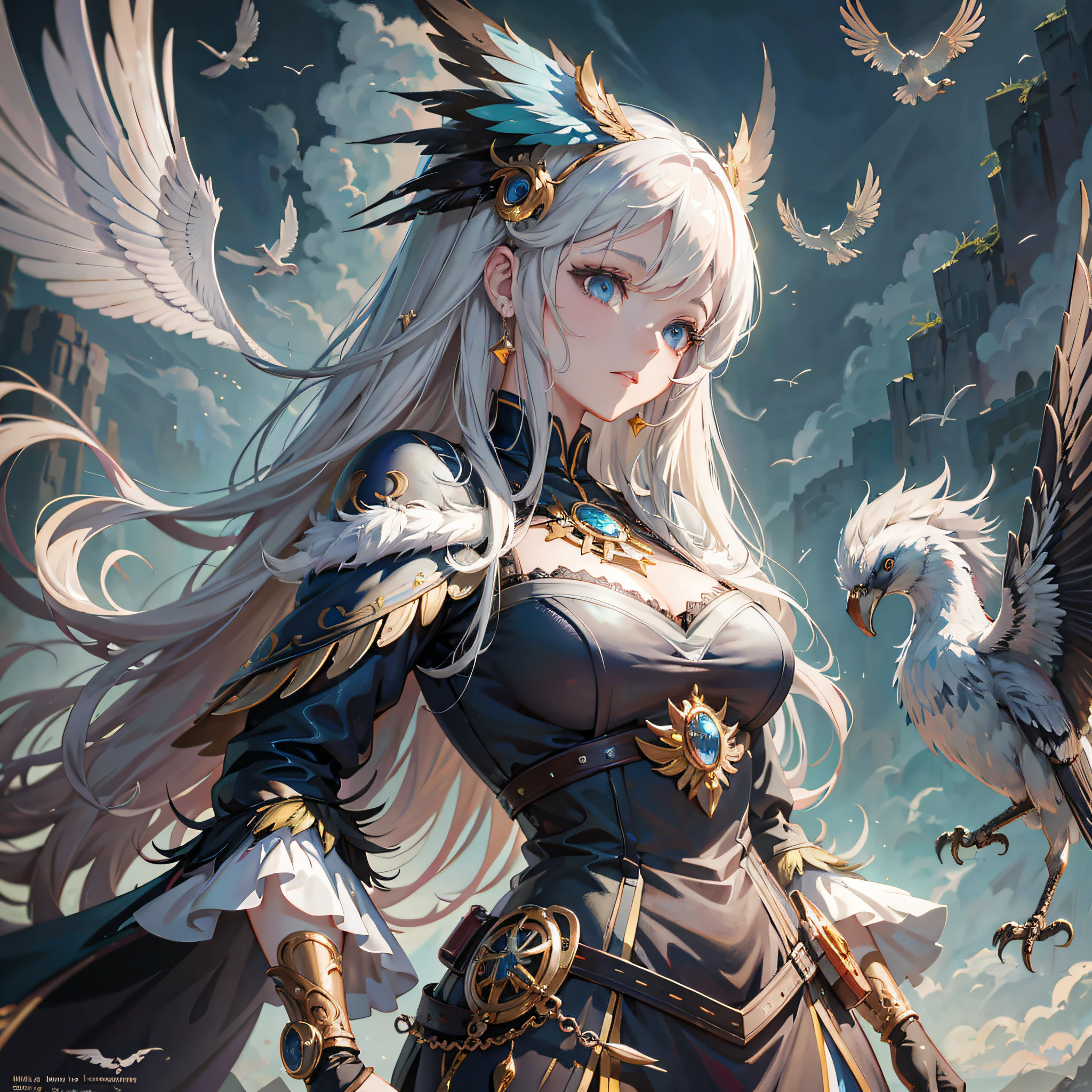anime girl with white hair and blue eyes standing in front of a bird, anime fantasy artwork, 2. 5 d cgi anime fantasy artwork, anime fantasy illustration, artgerm on artstation pixiv, cushart krenz key art feminine, detailed digital anime art, by Yang J, extremely detailed artgerm, as a mystical valkyrie