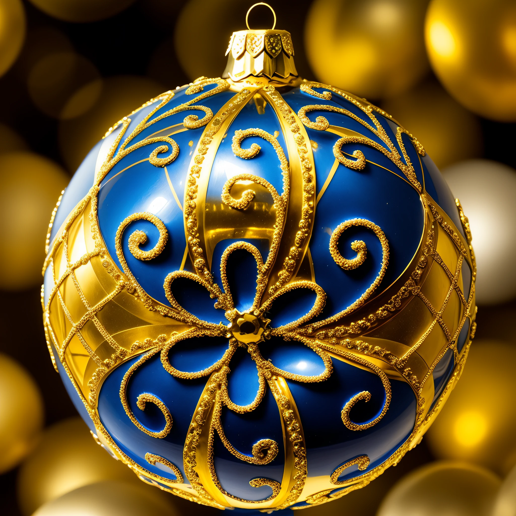 A closeup of a blue and gold Christmas ornament, filigree ornaments, hyper detailed ornament, decorated ornaments, detailed ornaments, golden and red filigree, decorative ornaments, intricate ornaments, ornament crown, intricate ornament, ornament, ornament, halo of intricate ornament, very ornate, ornaments, elegant intricate, intricate fine ornaments, ornate decoration, blue and gold color details --auto --s2