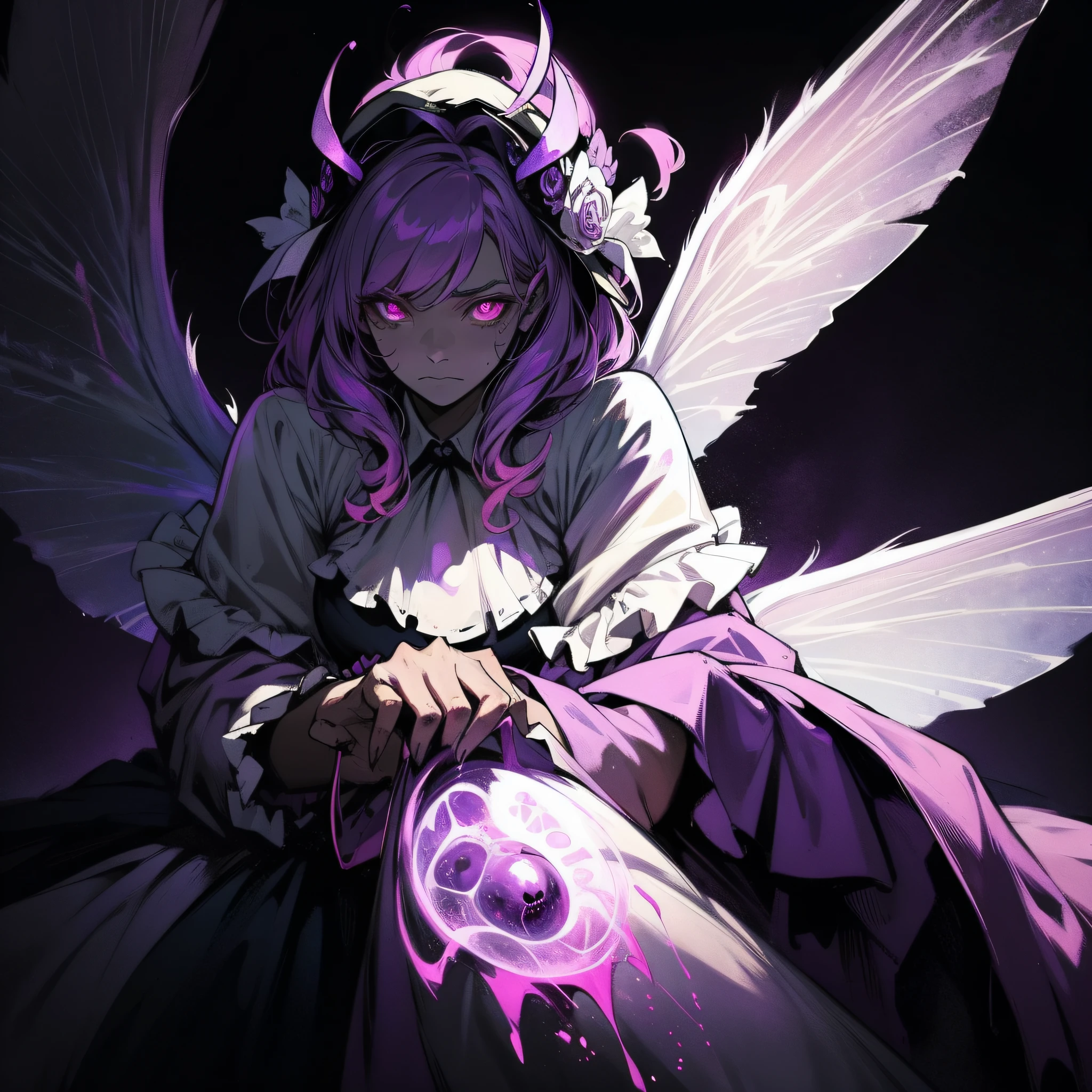 Ghost Fairy, ghostly purple fairy wings, pink hood and cap with purple, nothing but darkness and glowing eyes where the face should be, nightmare, background the dead of night, masterpiece, best quality