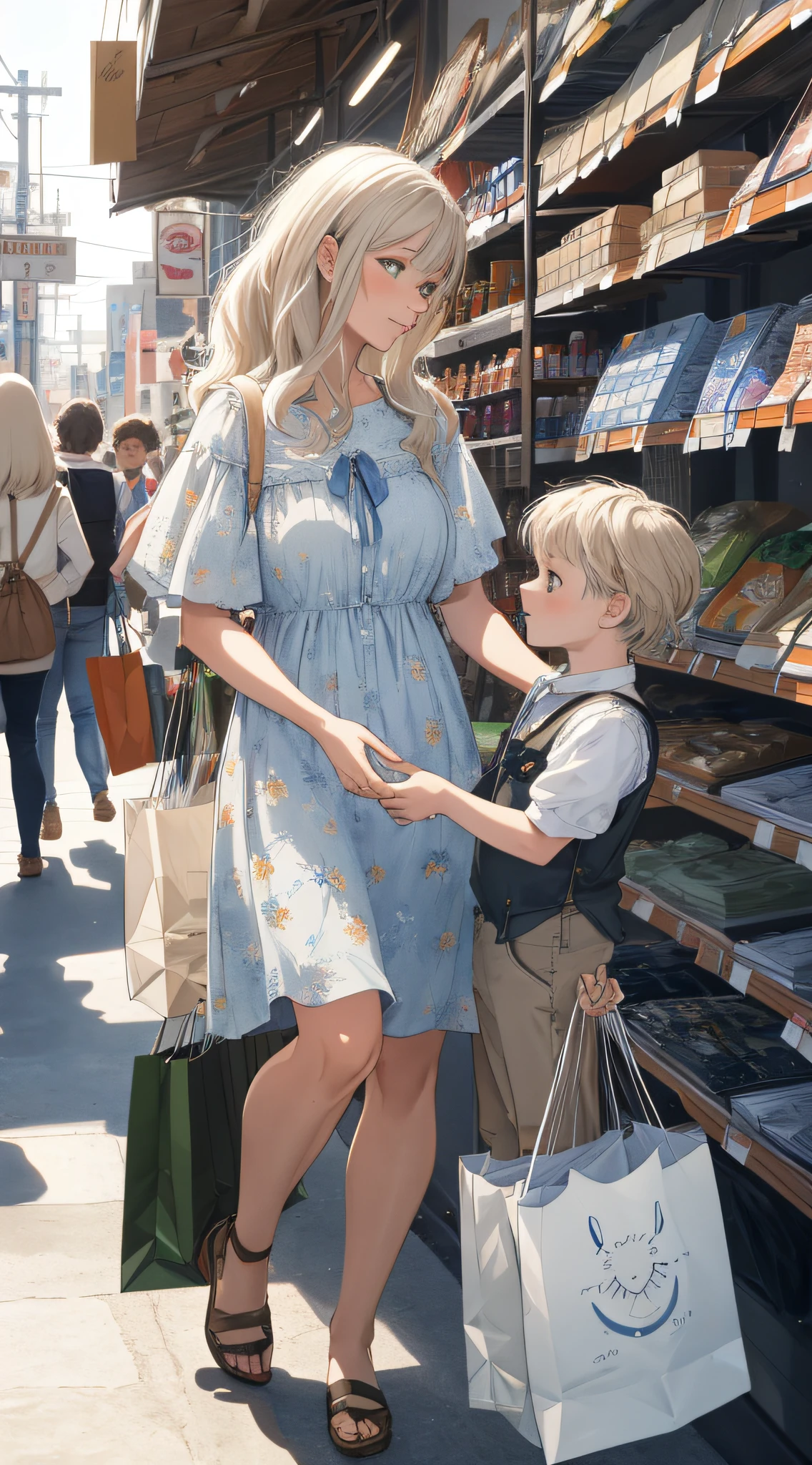 Realistic, (best quality, masterpiece: 1.3), (mother, child: 1.2), shopping in stores