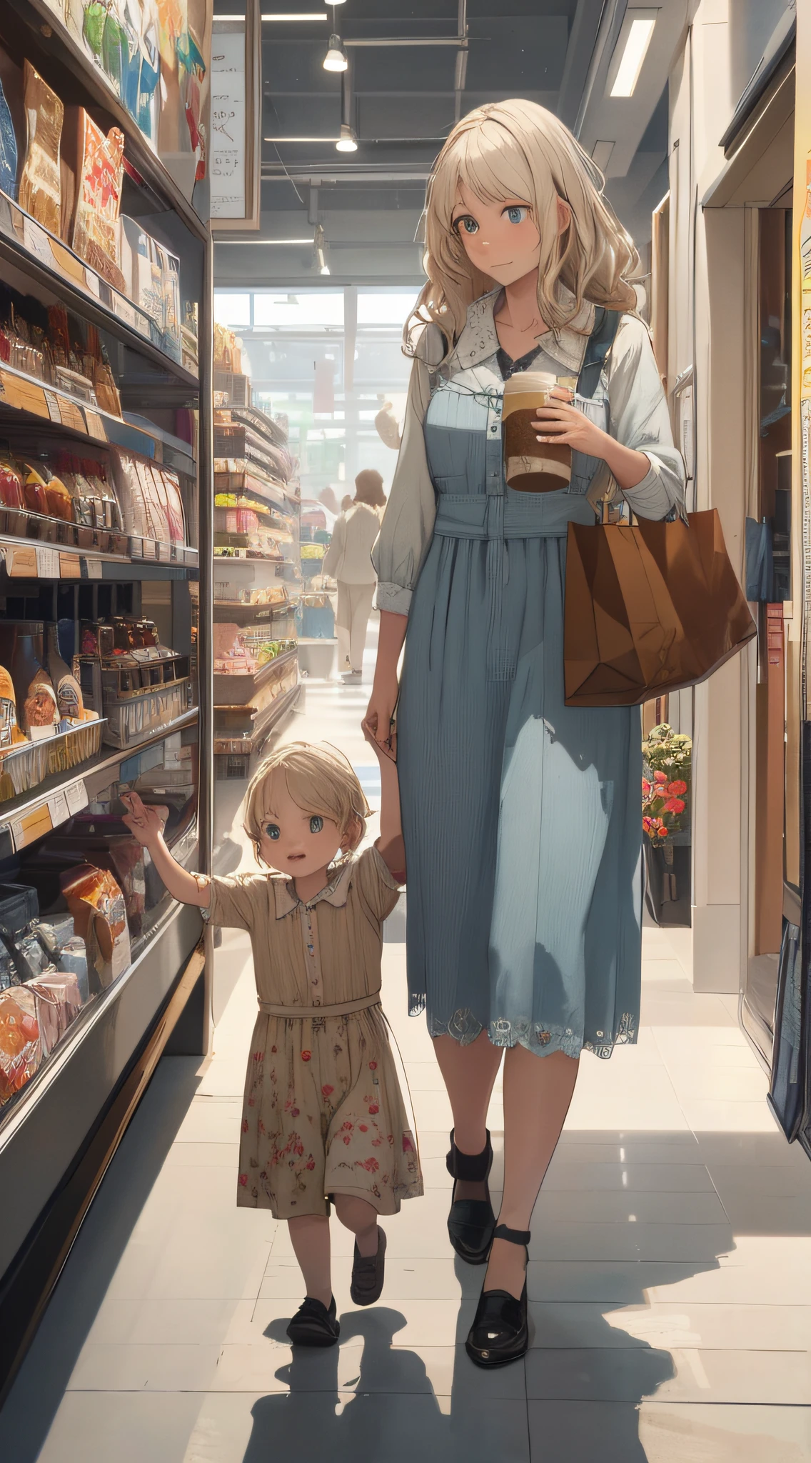 Realistic, (best quality, masterpiece: 1.3), (mother, child: 1.2), shopping in stores
