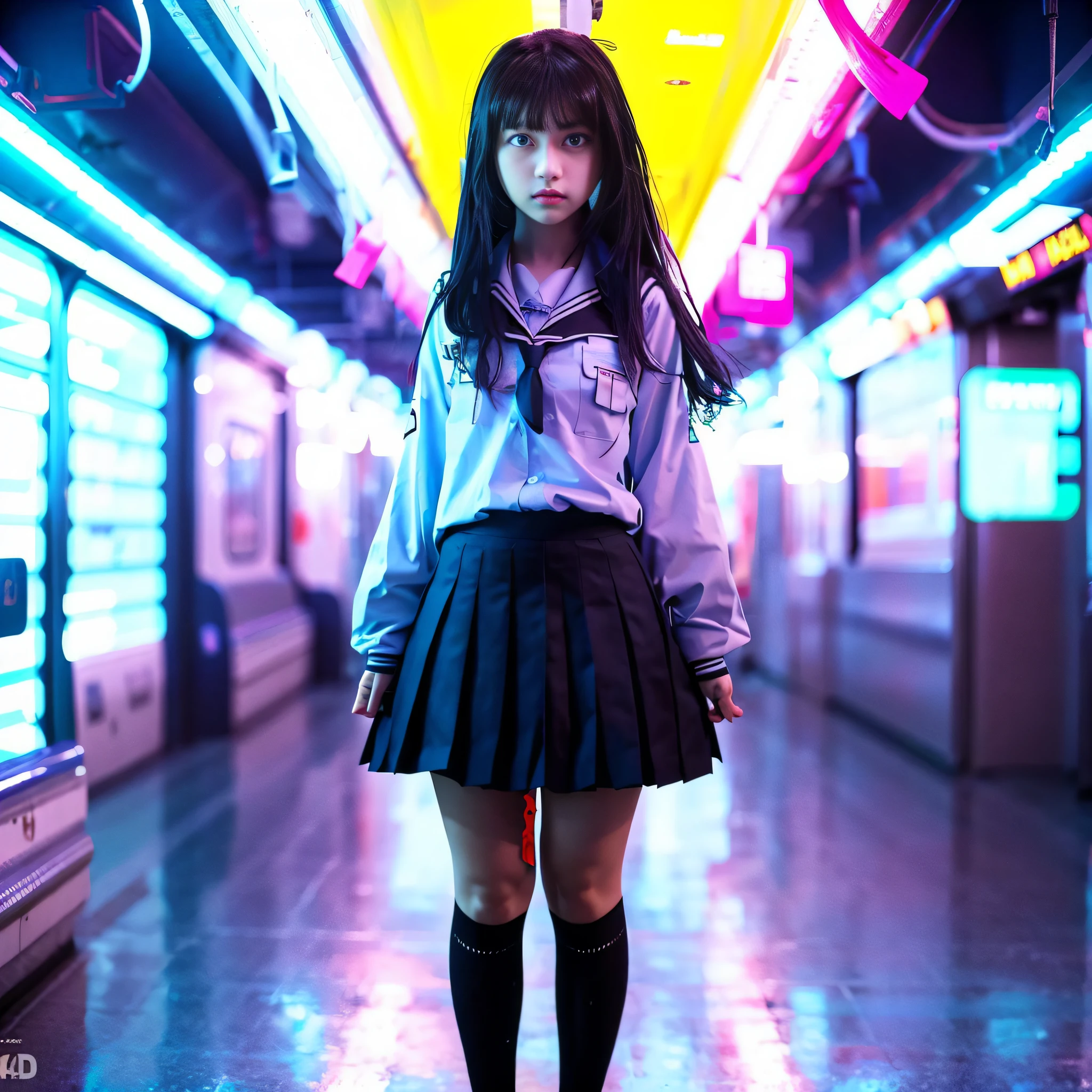 Girl in uniform standing on subway, surreal schoolgirl, surreal schoolgirl, realistic 3d style, cyber schoolgirl, realistic schoolgirl, 3d realistic, alafed image. 8K, 3D girls, mixed with Fujifilm, real life girls