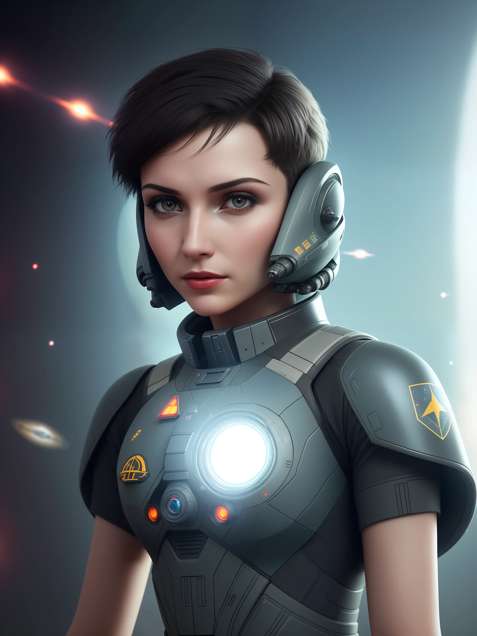 full height, High detail RAW color art, animation, realistic photo, (((wearing black nano suite))), (((beautiful face))), white skin, Hi-Tech space battle, (((cute woman in open space blasted out of a fighter jet in galactic battle))), magical atmosphere, ((((wery short hair)))), (detailed skin, skin texture), (intricately detailed, fine details, hyperdetailed), raytracing, subsurface scattering, Soviet union symbols, diffused soft lighting, shallow depth of field, by (Oliver Wetter), photographed on a Canon EOS R5, 28mm lens, F/2.8,