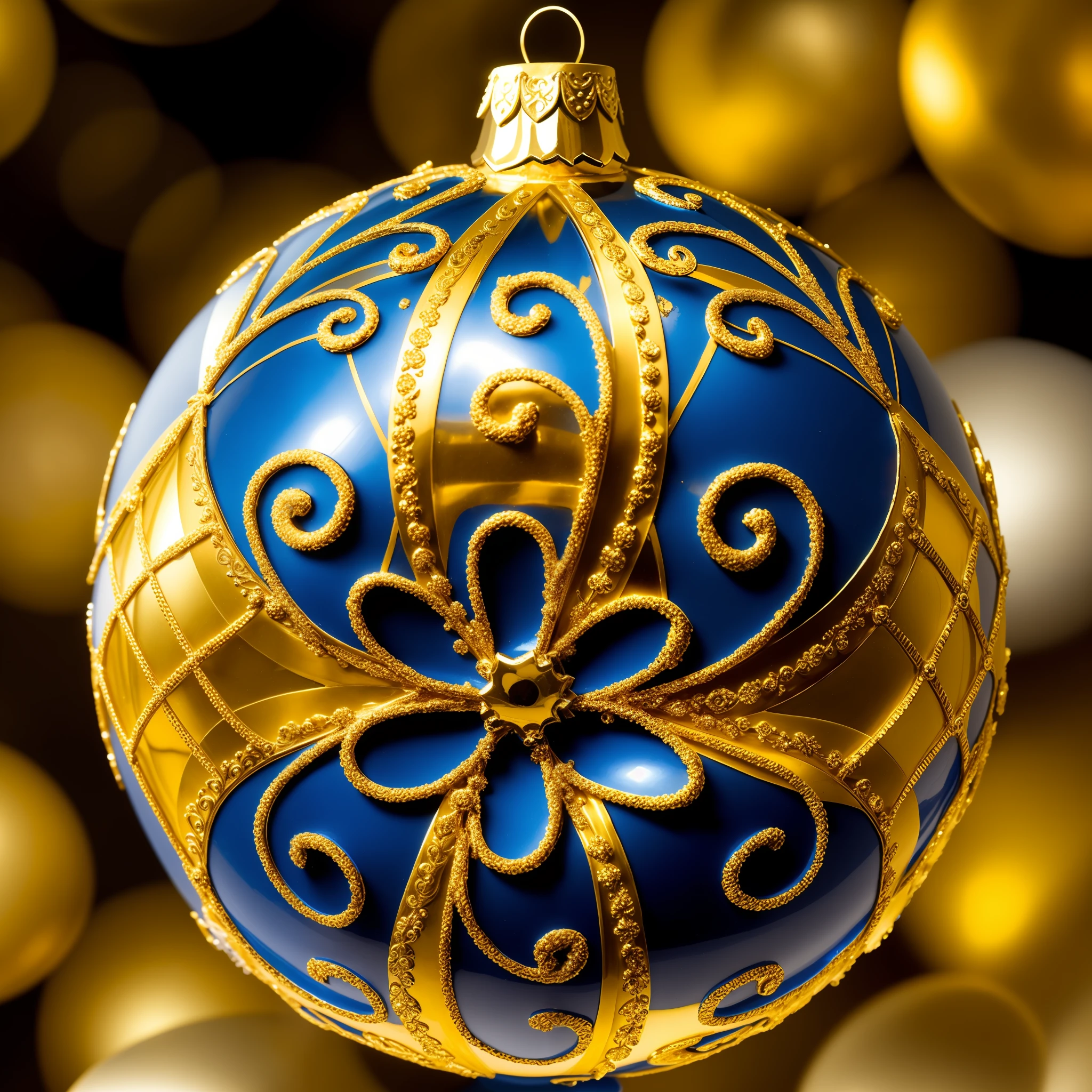 A closeup of a blue and gold Christmas ornament, filigree ornaments, hyper detailed ornament, decorated ornaments, detailed ornaments, golden and red filigree, decorative ornaments, intricate ornaments, ornament crown, intricate ornament, ornament, ornament, halo of intricate ornament, very ornate, ornaments, elegant intricate, intricate fine ornaments, ornate decoration, blue and gold color details --auto --s2