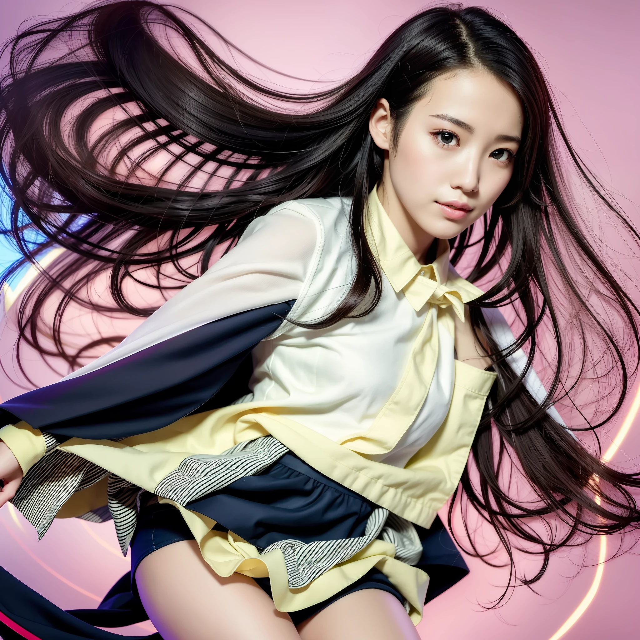 Beautiful Japan woman, nice perfect face with soft skin, small face with nose and rose-like lips, beautiful eyes, beautiful smile. Black, thin and long beautiful hair bathed in a bright etheric shine. Swing wave long hairstyle, navy band collar shirt× houndstooth yellow flared skirt, bright neon colorful background, super realistic woman photo, high quality High resolution 8K masterpiece