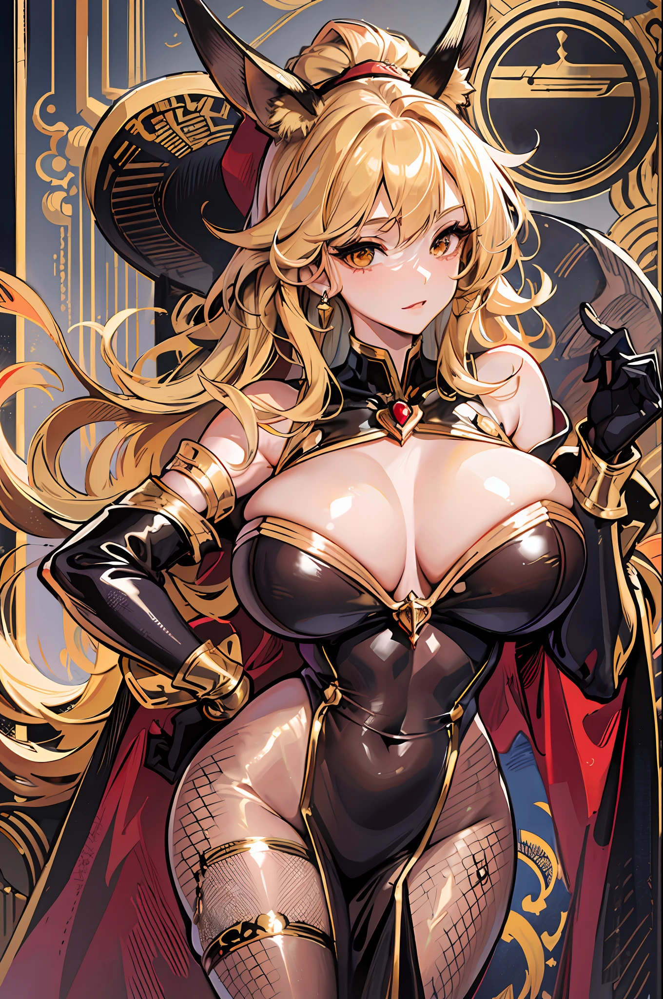 "An ultra-detailed art of a seductive woman with [blonde hair], [golden eyes], dressed in [golden golden pantyhose], with [massive cleavage] revealing [very large breasts], wearing a [golden sailor cap] and [long black rabbit ears], showcasing a [wavy] furry [red and black cape] masterpiece [curly hair] thick hair, [large eyes]"