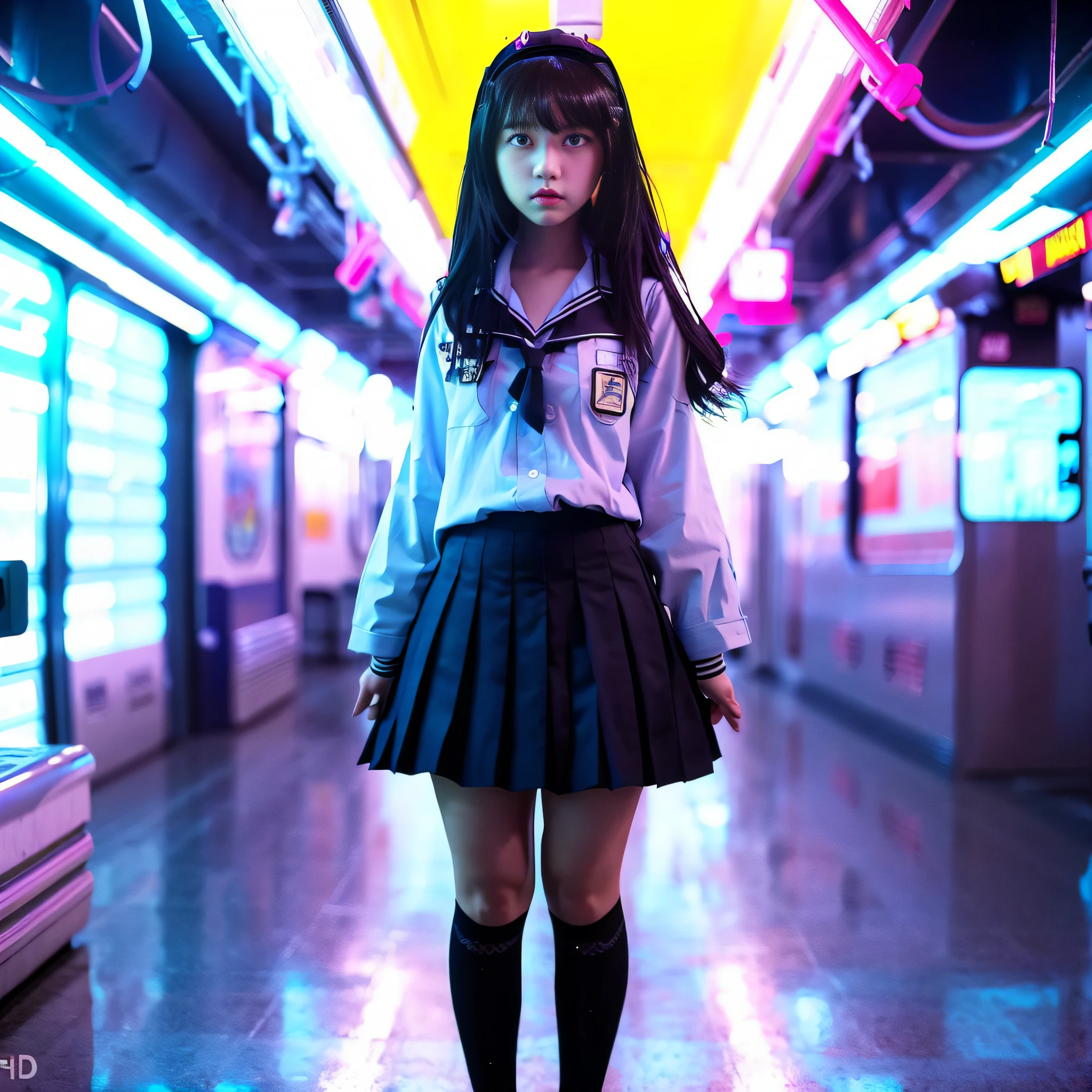Girl in uniform standing on subway, surreal schoolgirl, surreal schoolgirl, realistic 3d style, cyber schoolgirl, realistic schoolgirl, 3d realistic, alafed image. 8K, 3D girls, mixed with Fujifilm, real life girls