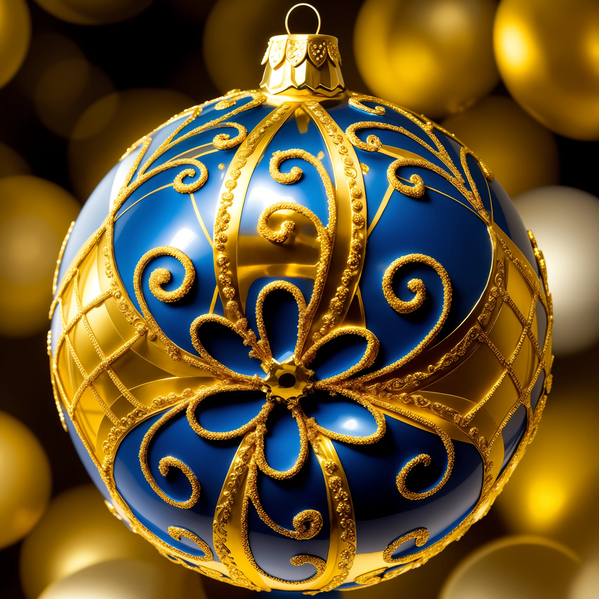 A closeup of a blue and gold Christmas ornament, filigree ornaments, hyper detailed ornament, decorated ornaments, detailed ornaments, golden and red filigree, decorative ornaments, intricate ornaments, ornament crown, intricate ornament, ornament, ornament, halo of intricate ornament, very ornate, ornaments, elegant intricate, intricate fine ornaments, ornate decoration, blue and gold color details --auto --s2