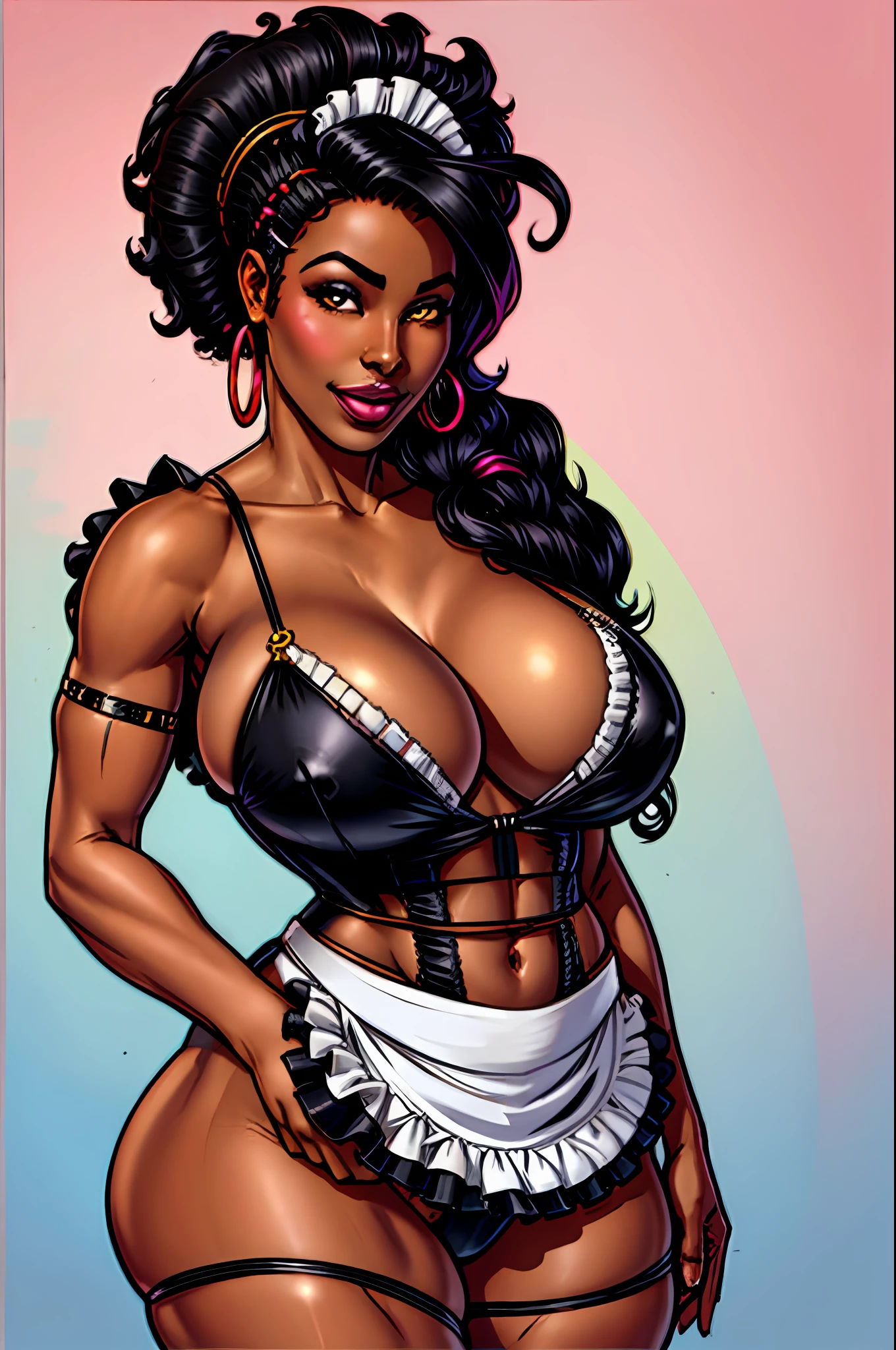 beautiful young african goddess sexy woman, 1girl , cleavage, large breasts, maid bikini, luxuriant afro-textured messed rainbow hair, dark skin, heterochromia eyes, big smile, big pouty lips, hourglass figure, thick thighs, maid headdress, cleavage, muscular body, bodybuilder, waist apron, strap pull, black hair, hair ornament, maid, (black bikini:1.1), solo, frills, bridal garter, hairclip, breasts, high ponytail, cowboy shot, photograph, fullbust-fc,