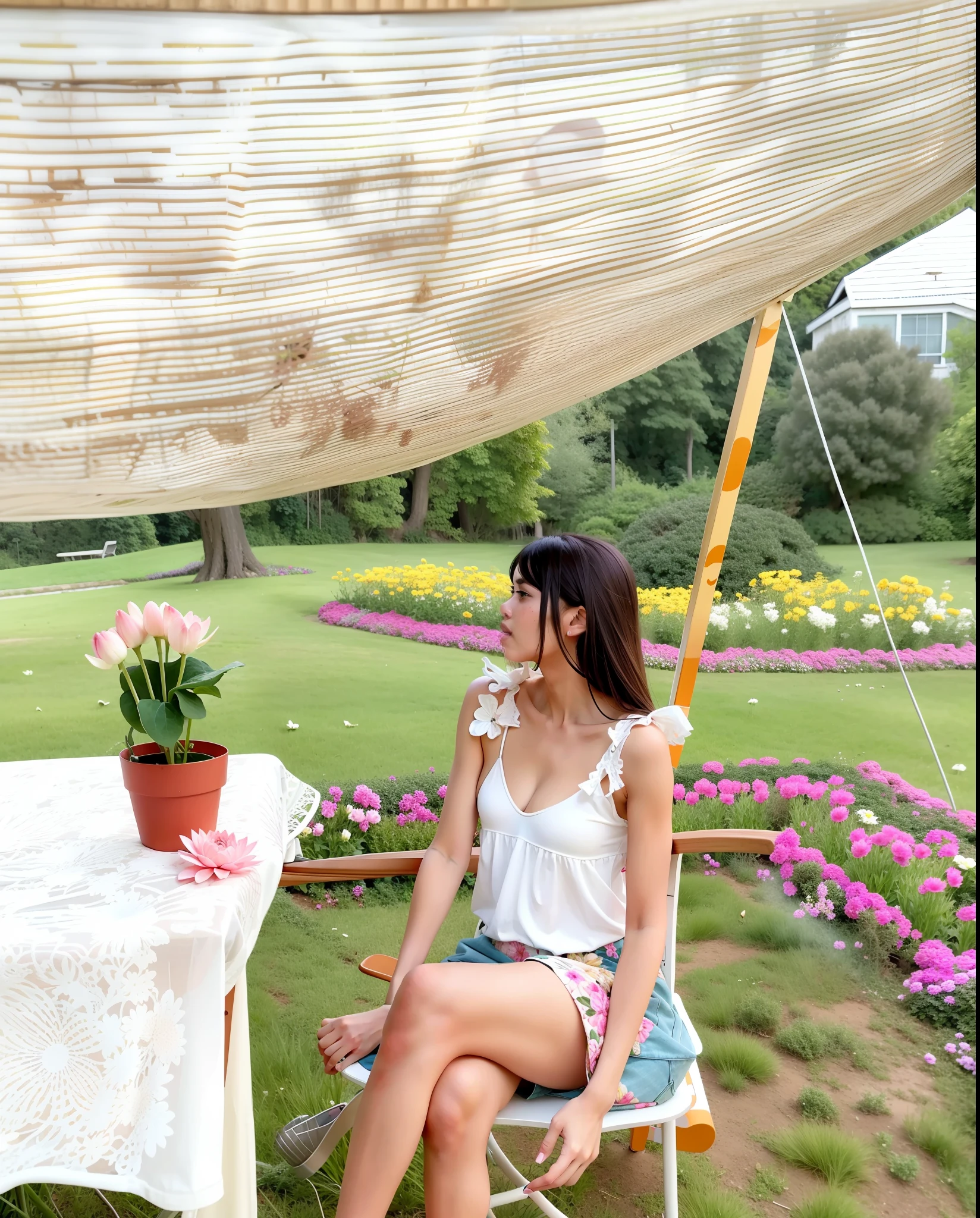 there is a woman sitting in a chair under a large shade, sitting with flowers, wearing a camisole and shorts, sitting in the garden, with backdrop of natural light, wearing white top, amidst nature, cindy avelino, sitting on a lotus flower, sitting in a field of flowers, in garden, outdoors, in the garden, in the countryside, long legs , big boobs , sexy , hot , pornstar ,8k .